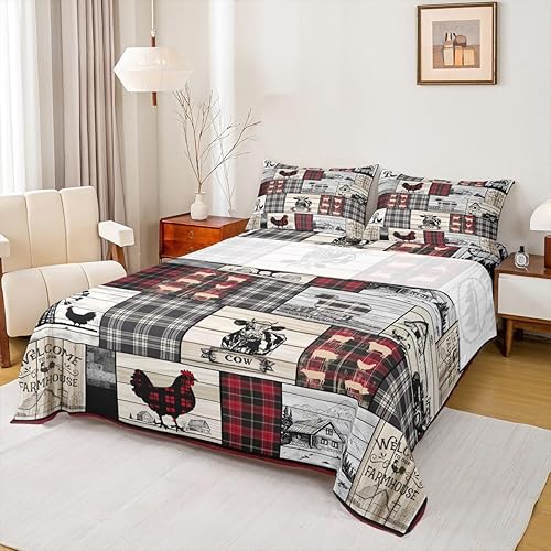 Juego de sábanas rústicas de animales de granja retro, a cuadros, estilo granja, cabaña, tamaño Queen, diseño de oveja, pollo y vaca, sábana bajera