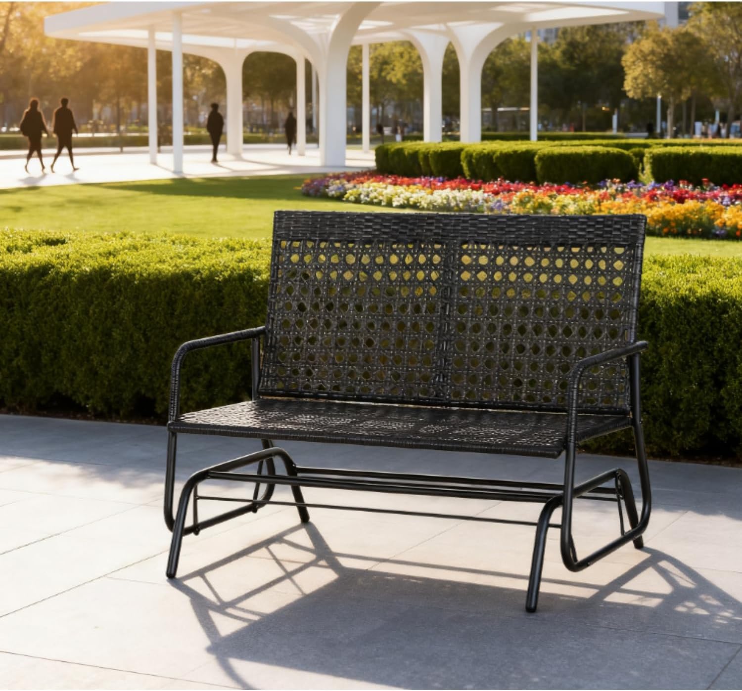Patio Wicker Glider Bench Rocking Chair, Outdoor All-Hand Woven Rattan Loveseat
