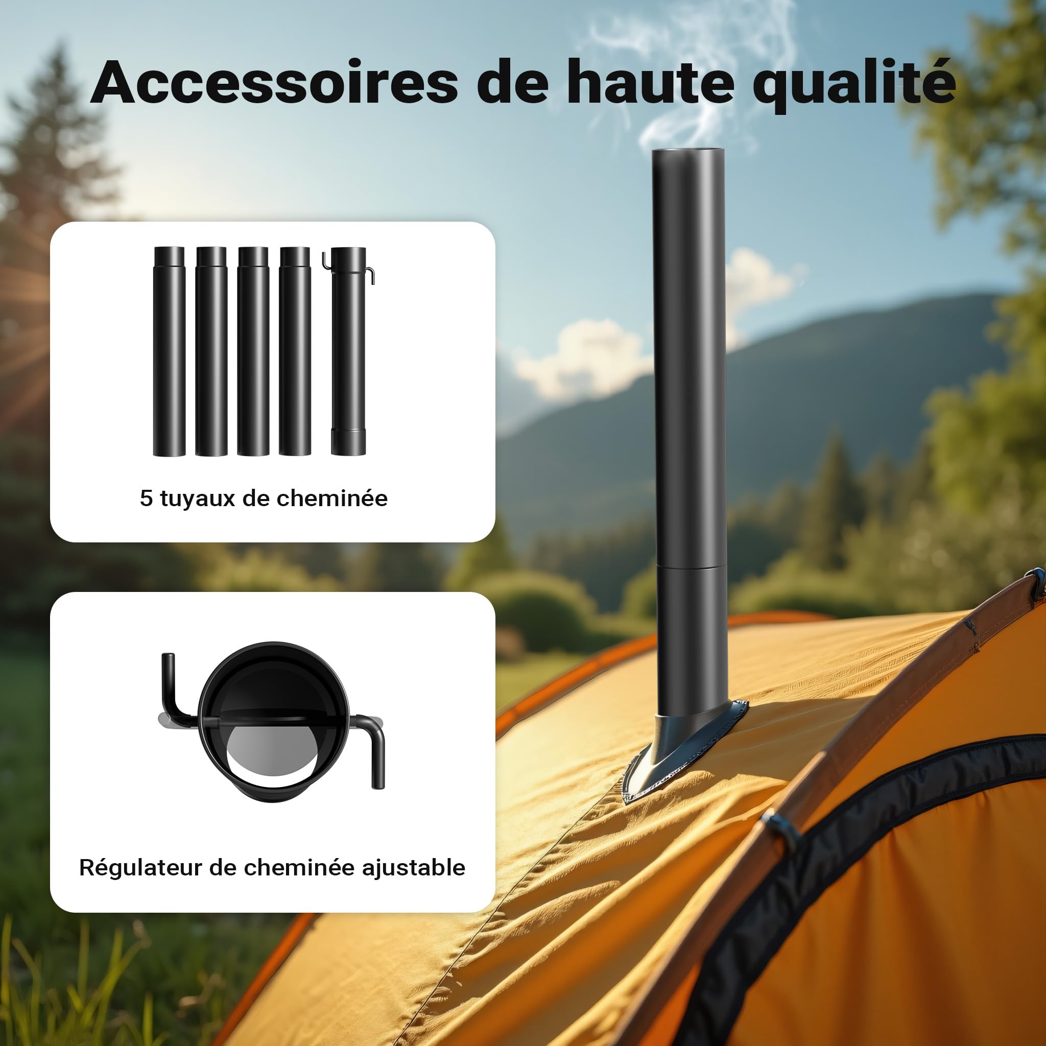Wiltec Poêle pour tente de camping – 540 x 810 x 2387 mm – Acier doux – Poêle à bois portable et démontable pour randonnée, déplacement, aventures, chauffage