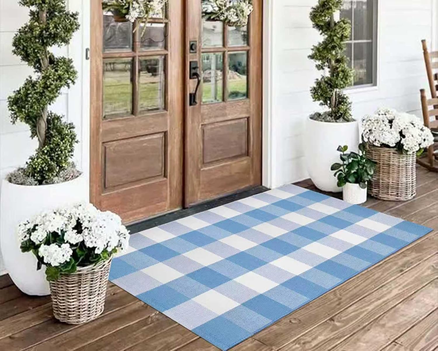 Light Blue and White Outdoor Rug 2'X4.3' Buffalo Plaid Checked Front Porch Rug Cotton Woven Washable Rug Layering Doormat for Welcome Door Mat Entryway Dining Room Bedroom Living Room