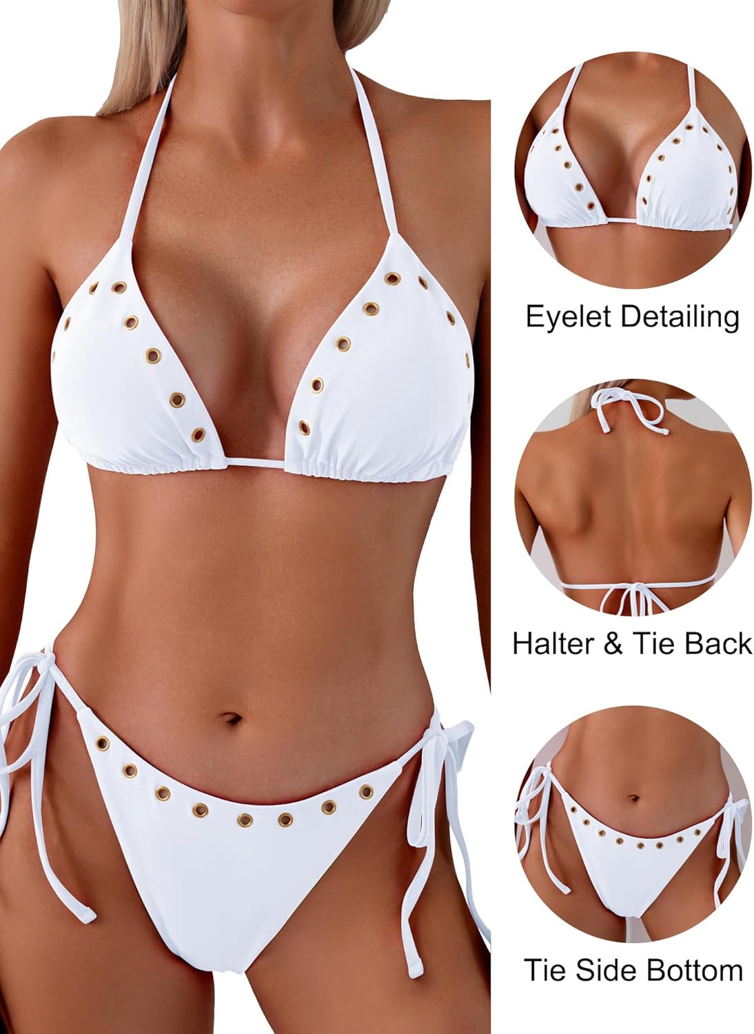 swimall Women's Triangle Bikini Sets High Cut Sexy Tie Two Piece Swimsuit Grommet Eyelet Halter Bathing Suit