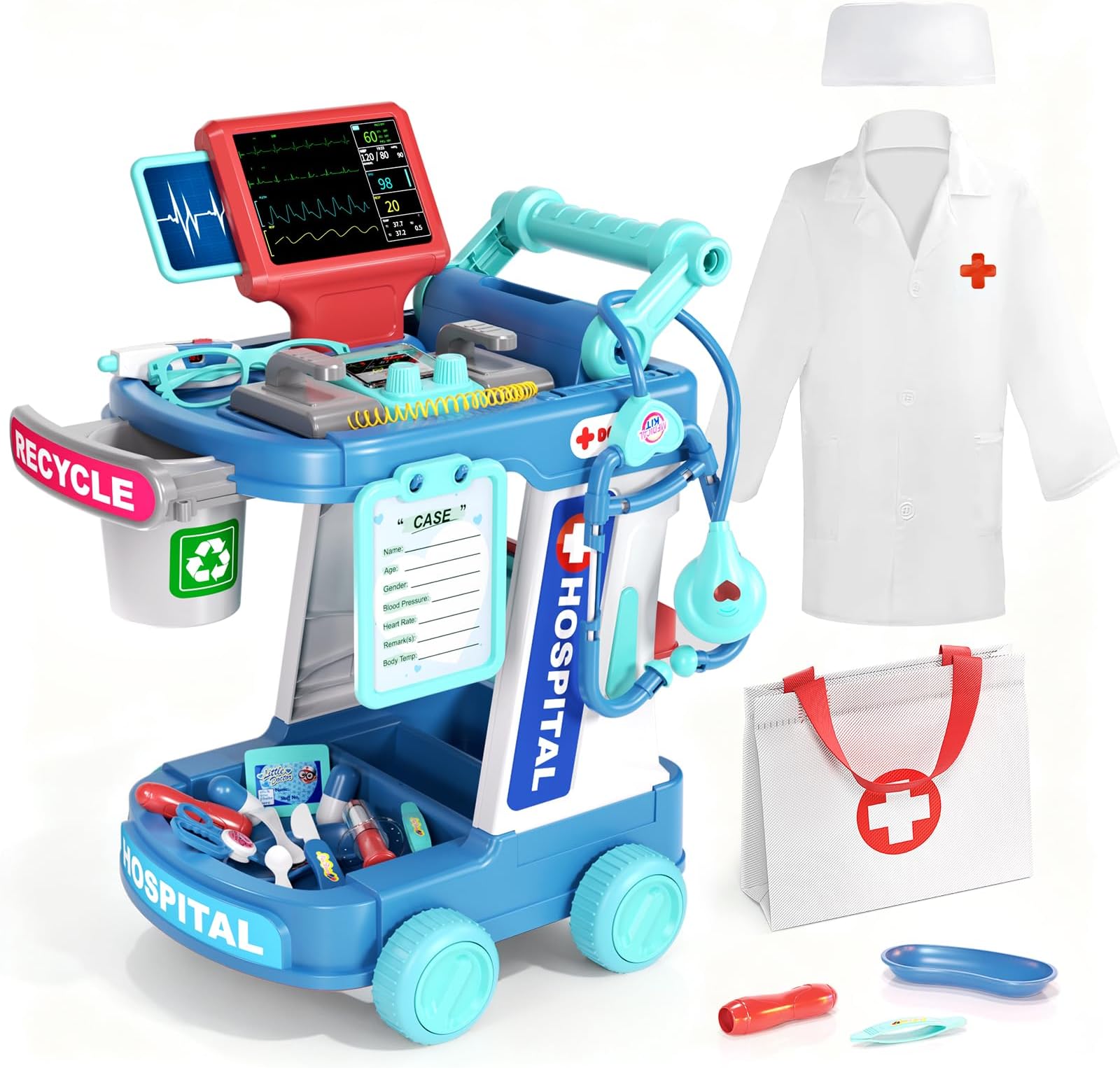 Doctor Kit for Kids, Pretend Doctor Playset for Toddlers with Cart, Costume and Stethoscope, Role Play Medical Toy for Girls Boys Toddlers 3-8 Birthday Gifts
