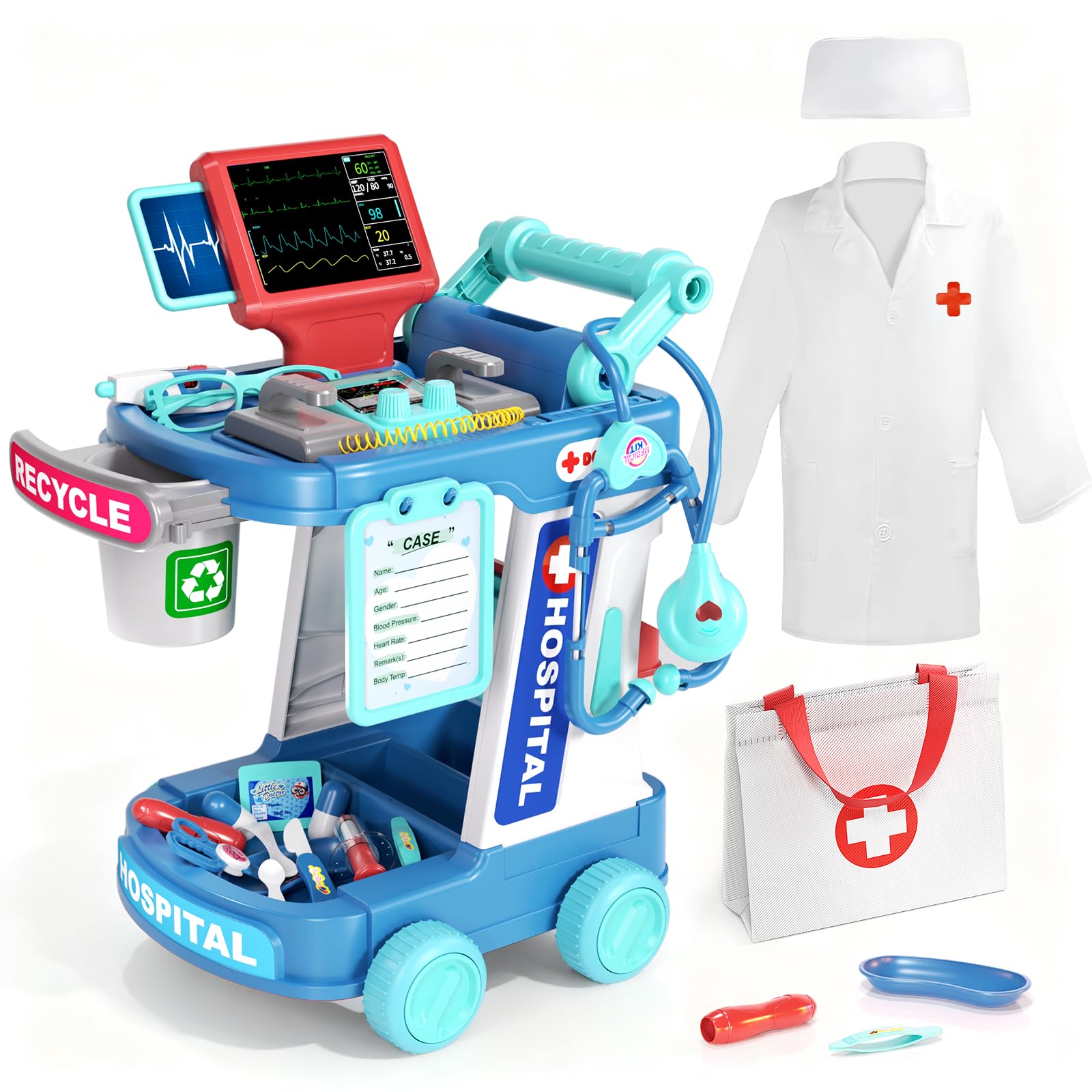 Doctor Kit for Kids, Pretend Doctor Playset for Toddlers with Cart, Costume and Stethoscope, Role Play Medical Toy for Girls Boys Toddlers 3-8 Birthday Gifts