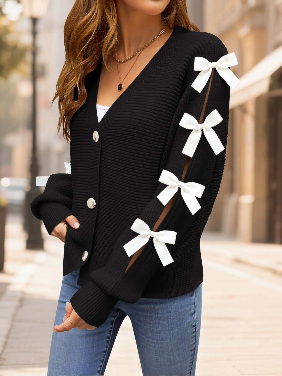 ZESICA Fall Bow Cardigans for Women Trendy 2026 Casual Long Sleeve Button V Neck Knit Sweater Outerwear Coats - Image 4
