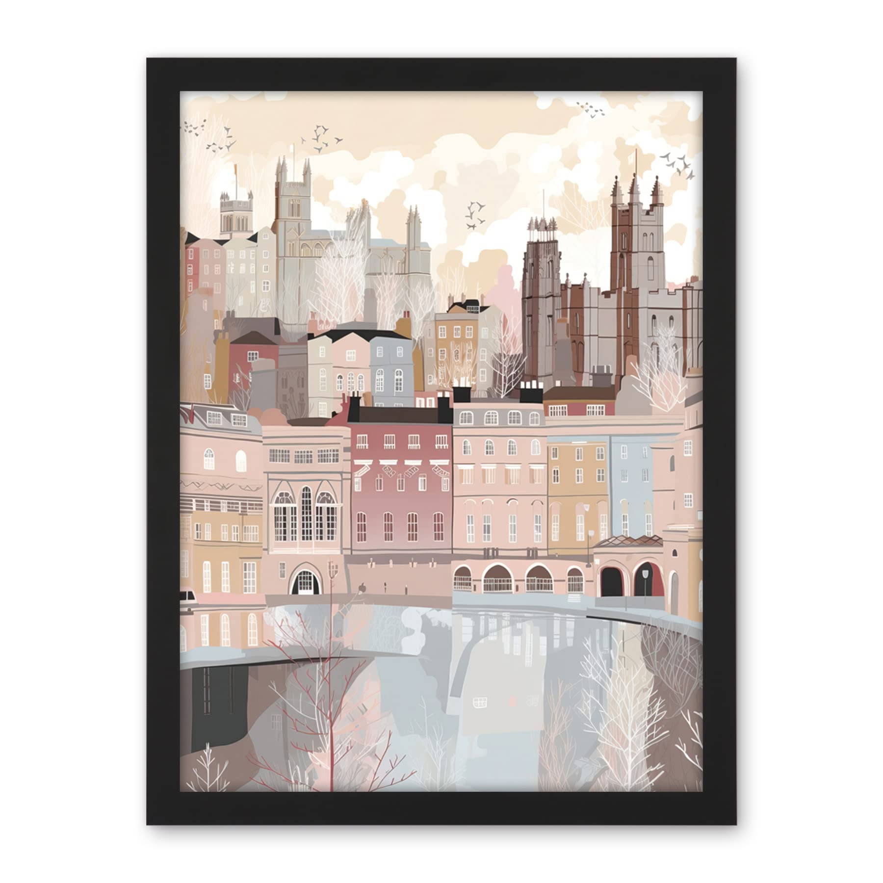 Artery8 Bath Georgian Architecture Pastel Colour Cityscape Artwork Framed Wall Art Print 18X24 Inch