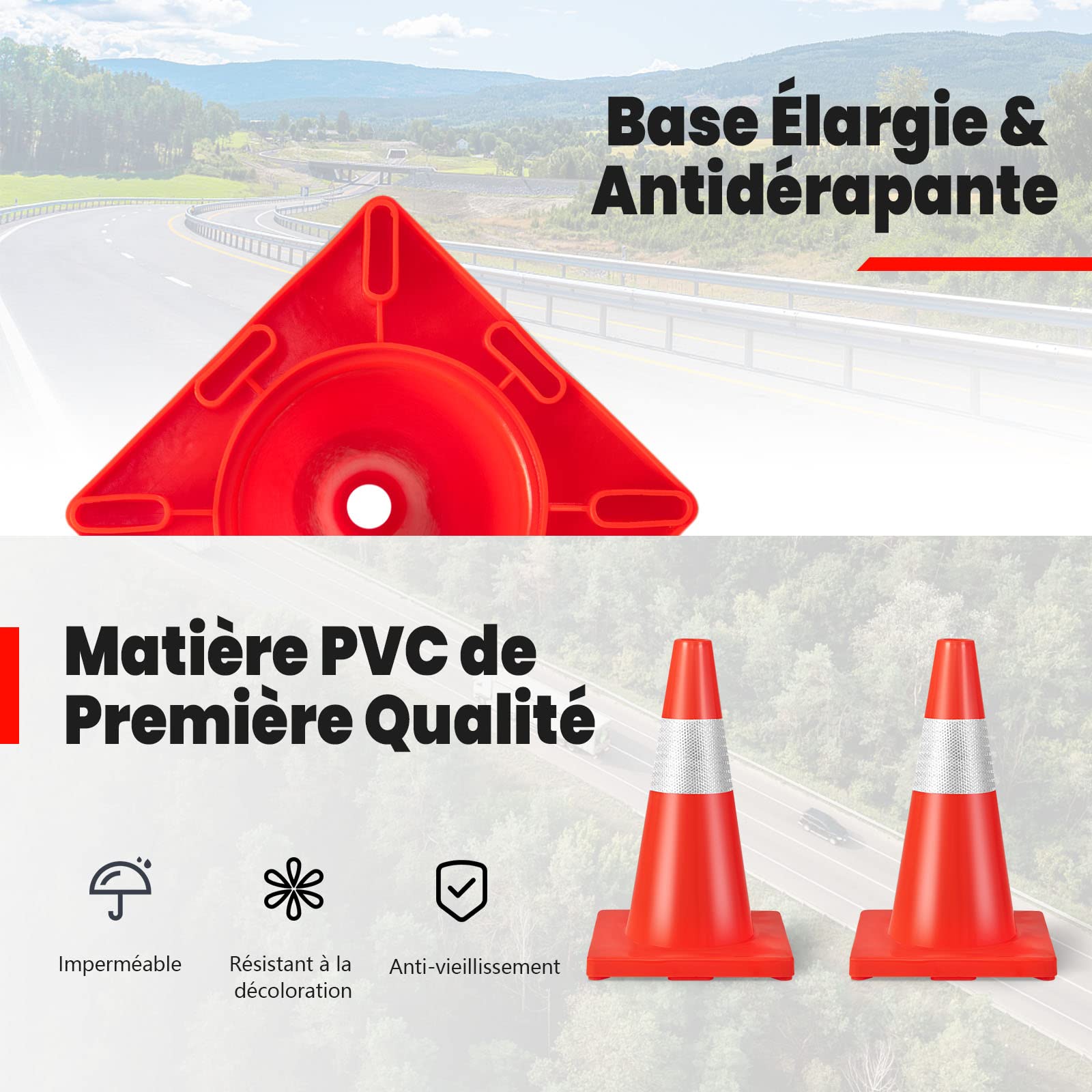GYMAX Lot de 12 Cônes de Signalisation en PVC 43 CM, Cônes de Sécurité Routière avec Bande Réfléchissante, Gilet de Sécurité et Base Lestée, Cônes de Chantier pour Gestion du Trafic, Stationnement