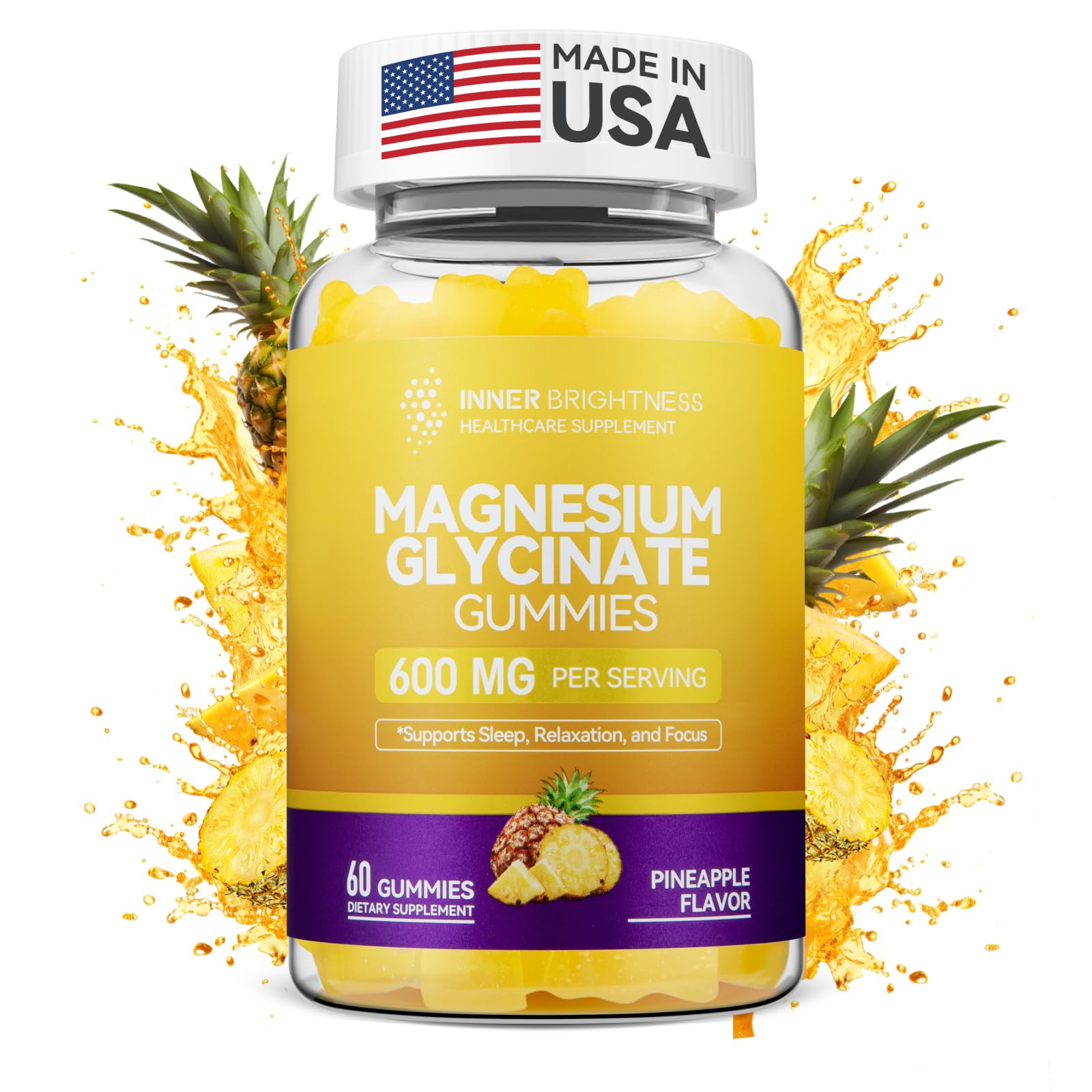 Magnesium Glycinate Gummies 600mg, Non-GMO, Gluten-Free, Magnesium Gummies for Adults, Sleep, Relaxation & Focus, Pineapple Magnesium Gummies, 60 Count