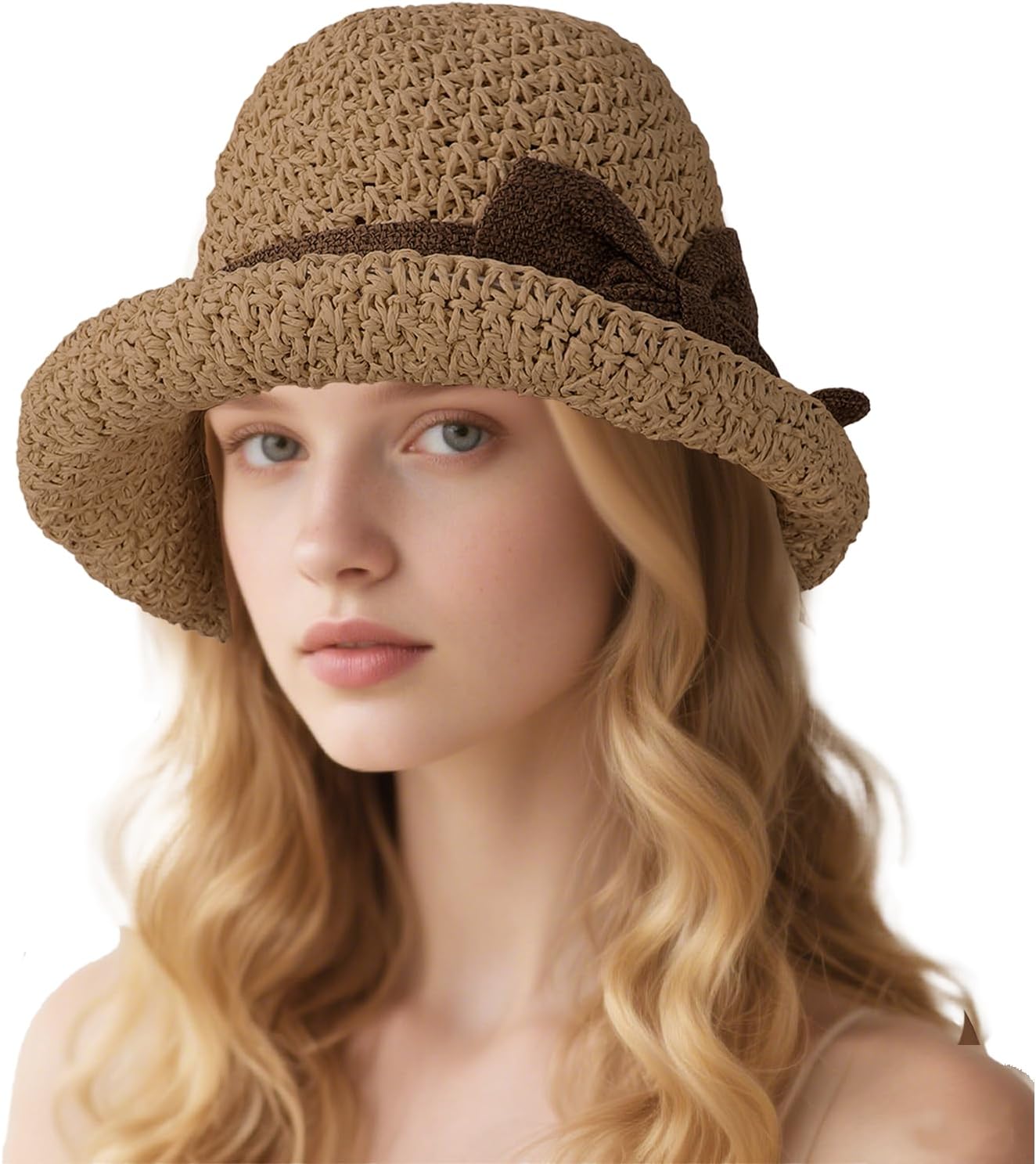 Women's Foldable Sun Straw Hat Summer Travel Beach Sun Hats Straw Bucket Hat Wide Brim UPF 50+Stylish Fishermans Cap - Image 2