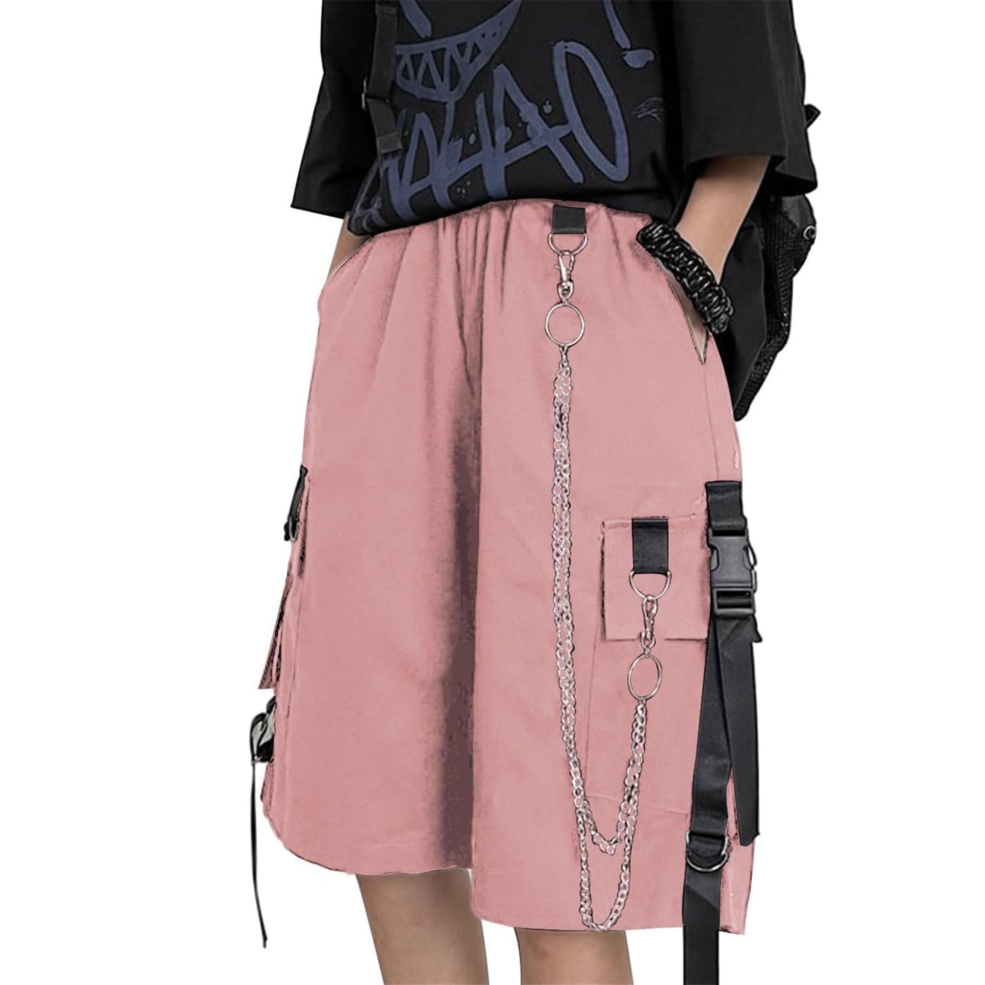 MEINVQIAOTI Schwarze Cargohose für Damen, Street Harajuku, lockere, gerade Shorts, Schwarze Hose mit Ketten