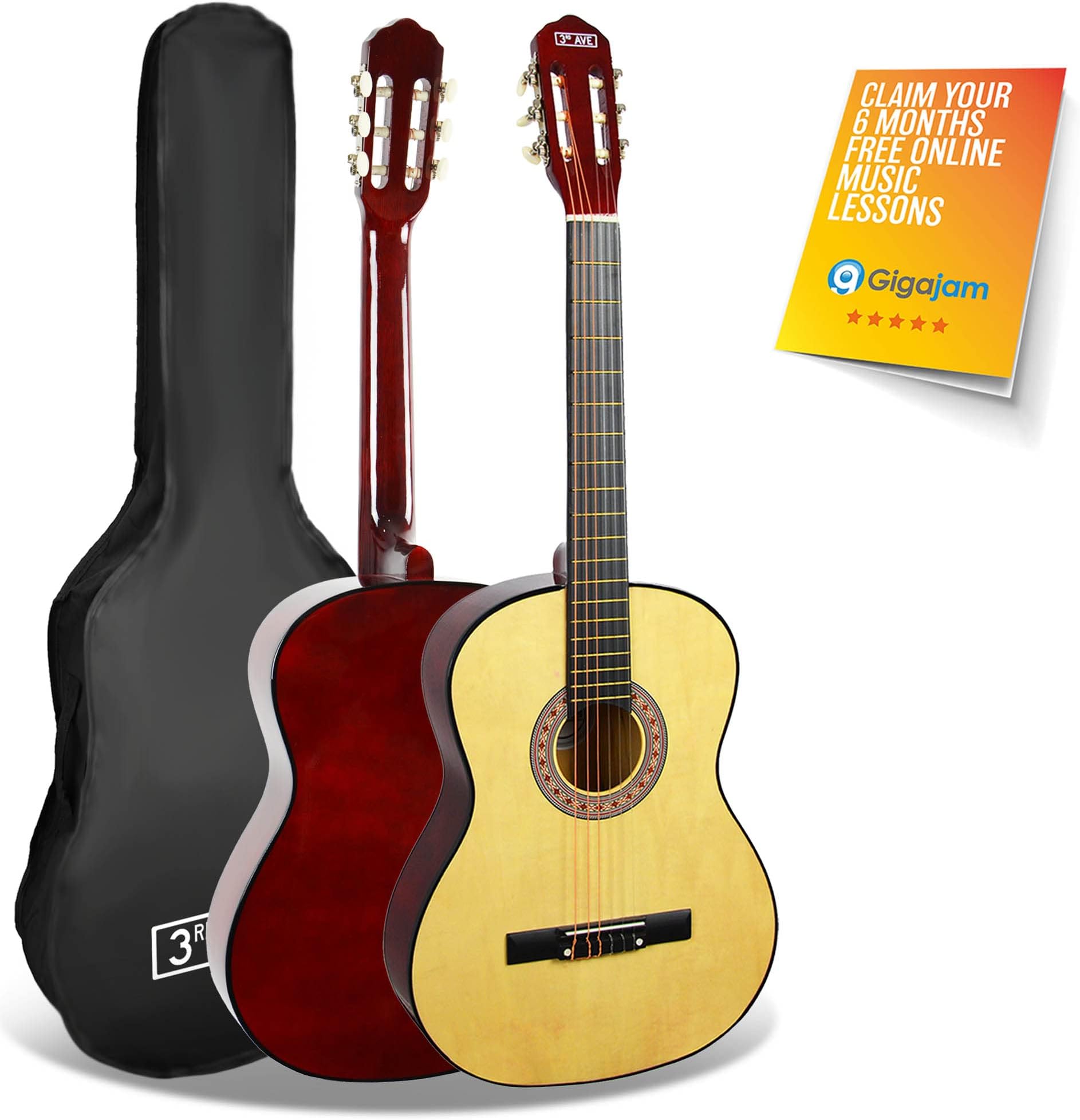 3rd Avenue Full Size 4/4 Classical Guitar Beginner Spanish Nylon Strings with 6 Months FREE Lessons, Carry Case – Natural