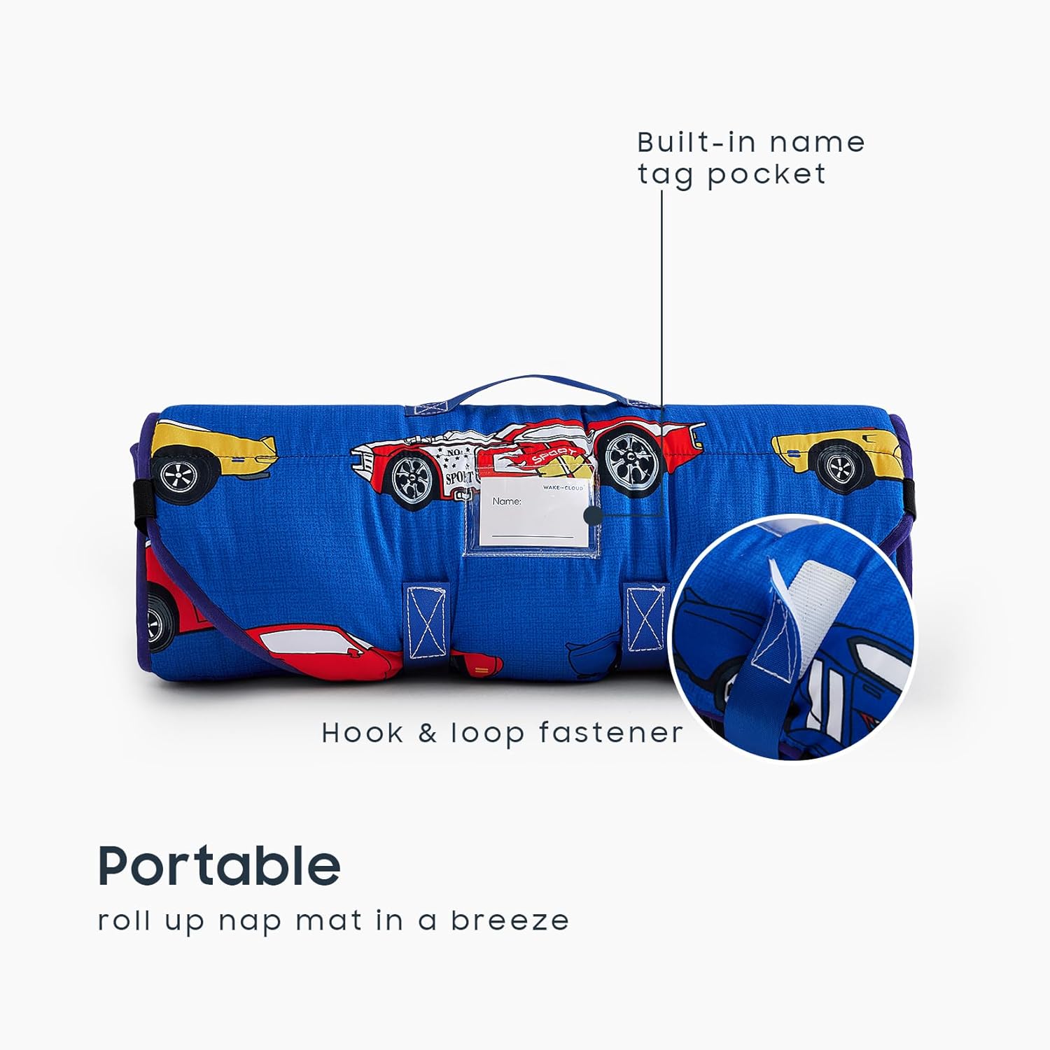 Wake In Cloud - Cot Nap Mat with Pillow and Blanket, for Toddler Kids Boys Ages 3 Plus in Daycare Kindergarten Preschool with Elastic Corner Straps, Colorful Race Cars