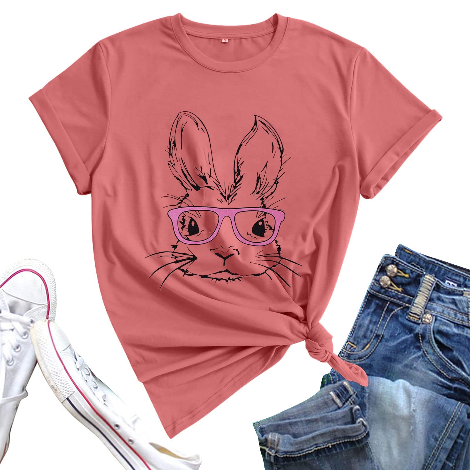 ASTANFYEaster Shirts for Women Bunny Shirts Cute Rabbit Graphic Tee Christian T-Shirt Faith Tee Summer Short Sleeve Shirts