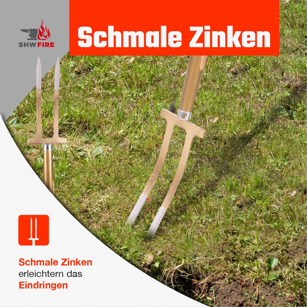 SHW-FIRE | Rosengabel mit 85 cm T-Griff aus Eschenholz – handgeschmiedete Bajonettzinken aus gehärtetem Stahl, ideal für Rosenpflege, Unkrautentfernung & Bodenbelüftung | Made in Germany