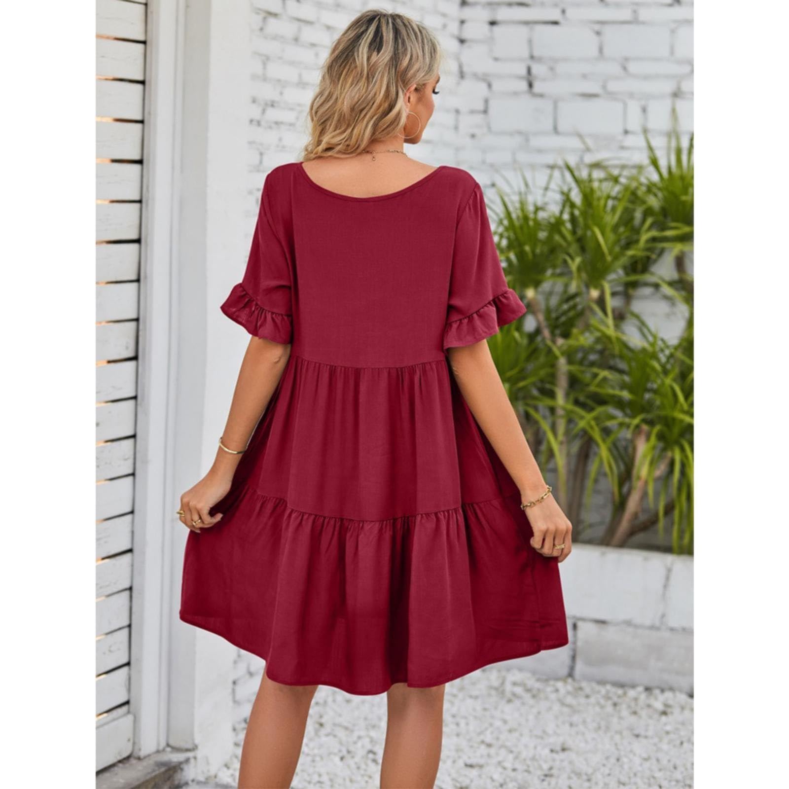 Vestido de verano para mujer, cuello en V, capas con volantes, con bolsillos, línea A, vestido de playa con manga corta