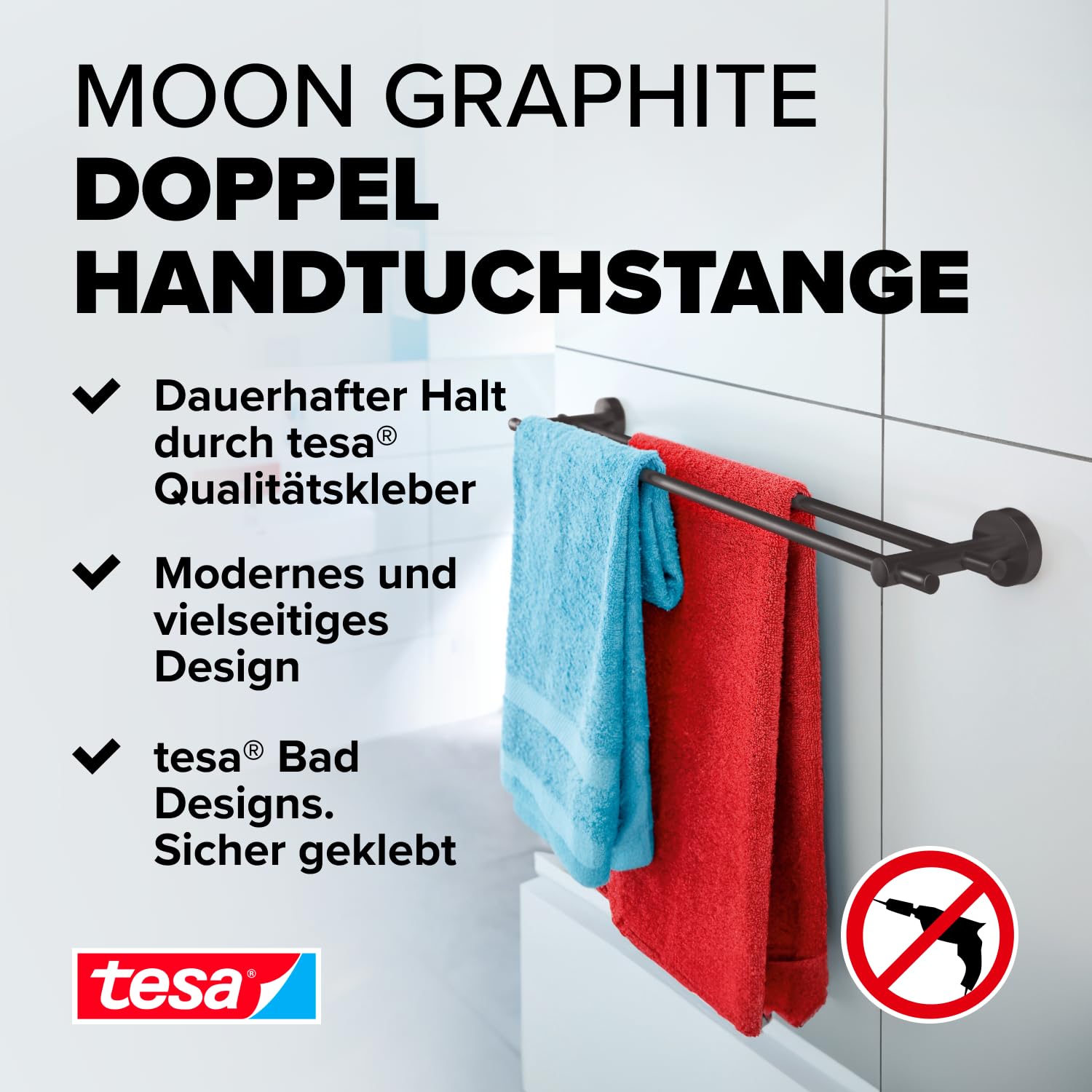 tesa Moon Graphite Doppel-Handtuchstange in gebürstetem Grafit - Selbstklebender Handtuchhalter mit 2 Stangen - aus PVD-beschichtetem Metall - ohne Bohren, inkl. Klebelösung - 640mm x 49mm x 115mm