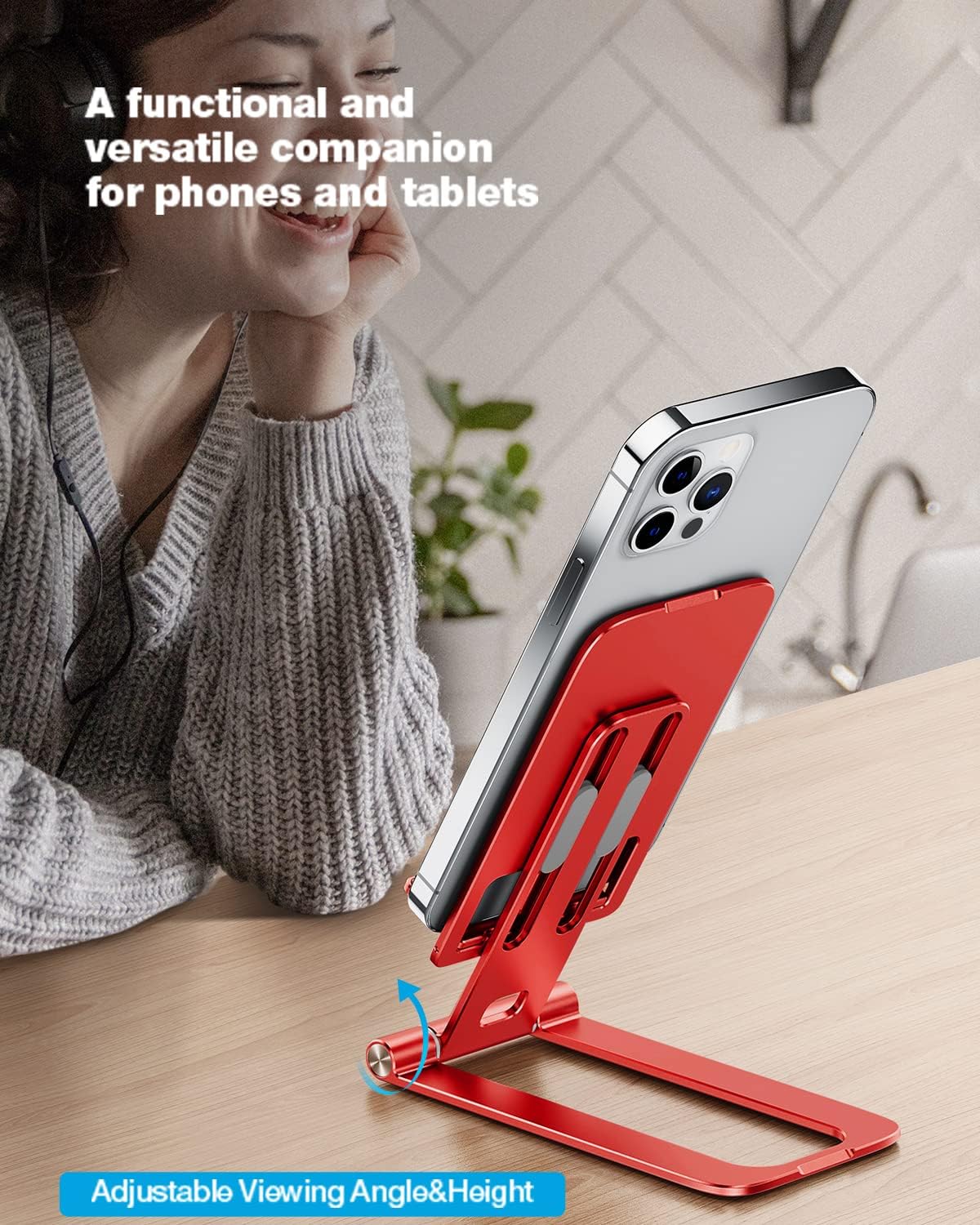 MEISO Cell Phone Stand, Fully Foldable Phone Holder for Desk, Desktop Mobile Phone Cradle Dock Compatible with iPhone, Samsung Galaxy, iPad Mini, Tablets Up to 10” (Red)