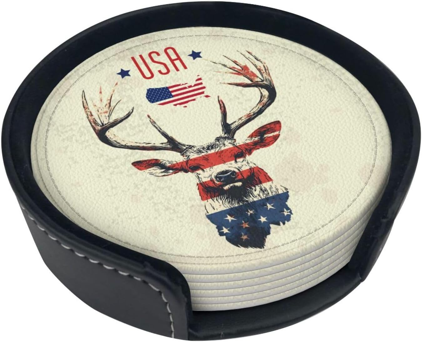 American Flag Leather Coasters Set of 6 Round Vintage Coasters with Holder for Home Office Vintage USA Deer - Image 2
