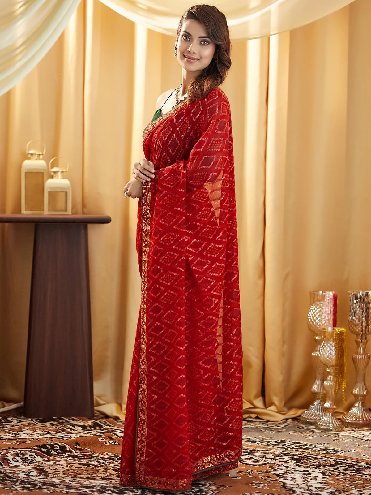 Satrani Women's Georgette Bandhani Printed Stone Work Self Woven Saree With Unstitched Blouse Piece (4020S571N_Red)