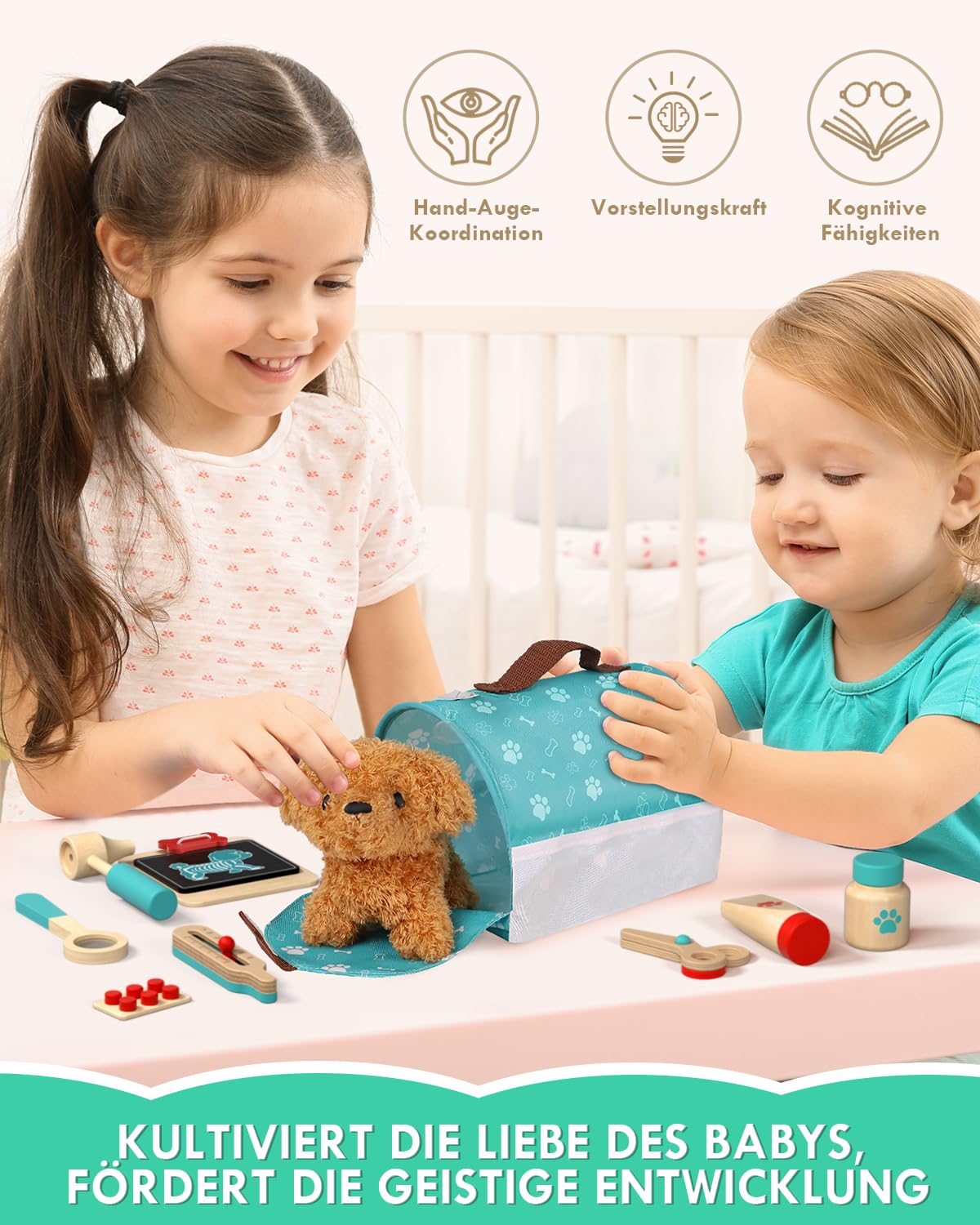 Arztkoffer Kinder Holz, Tierarzt Spielzeug Kinder, Doktorkoffer mit Kleidung und Hut, Arztkoffer Rollenspiel Kit, Geschenk Mädchen 3 Jahre(Grün)