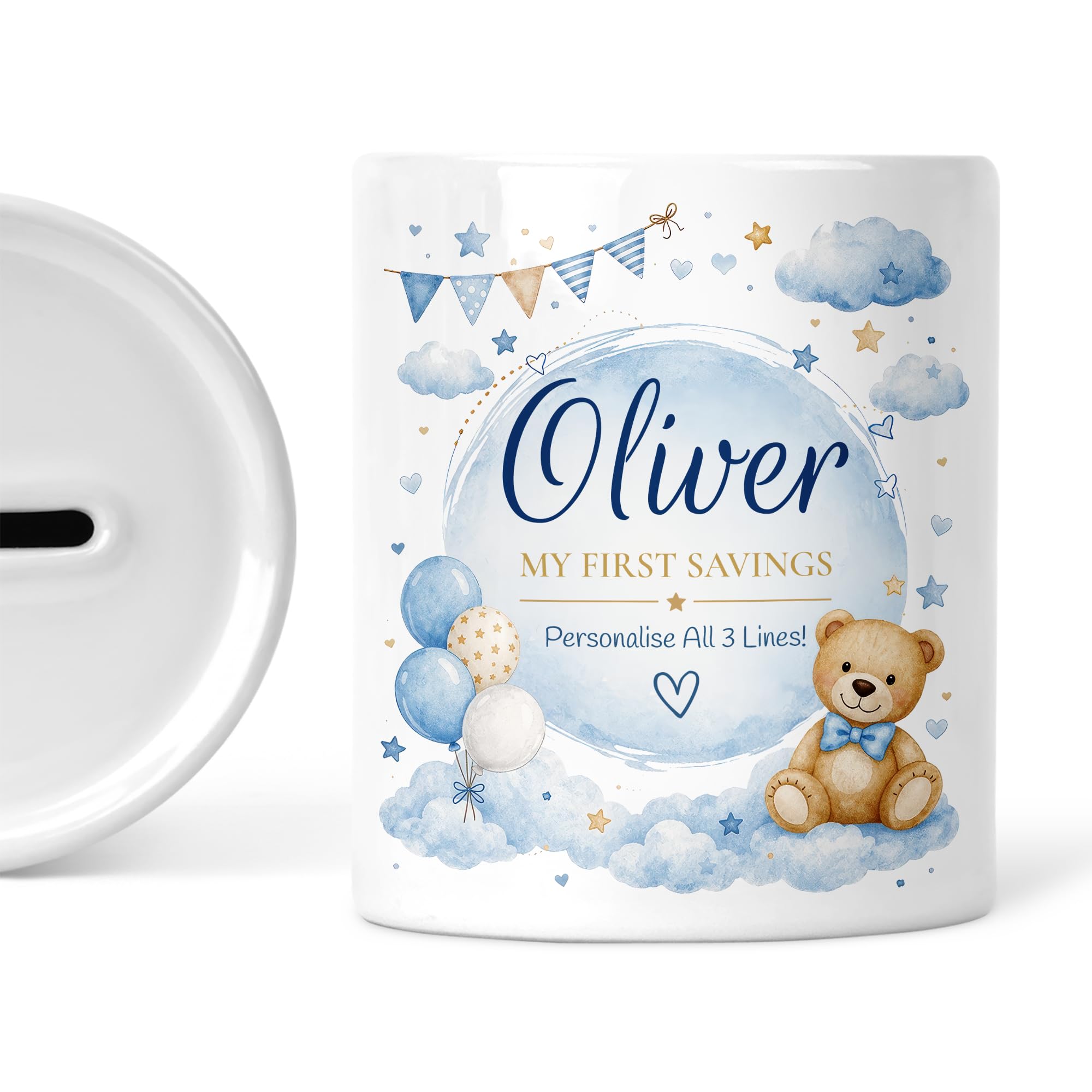 Personalised Money Box for Baby Boy - Blue Teddy Bear Ceramic Piggy Bank - Christening Gift Keepsake