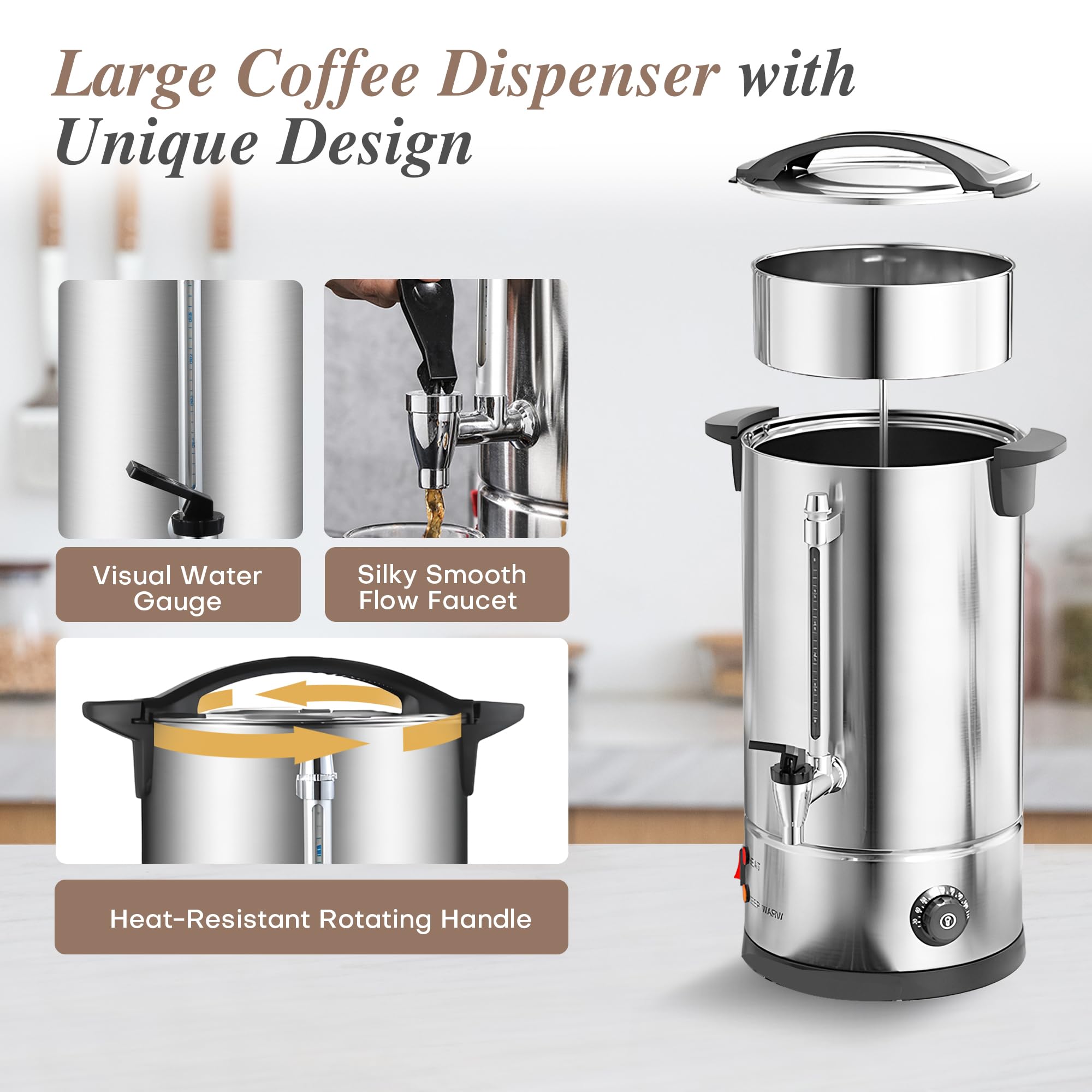 Percolateur à Café 12L avec Acier Inoxydable Filtre, 80 Tasses Cafetière Commerciale En Acier Inoxydable, Maintien au Chaud, Pour Événements Et Traiteur, Pour Appareil Chauffe Eau Thé Chocolat
