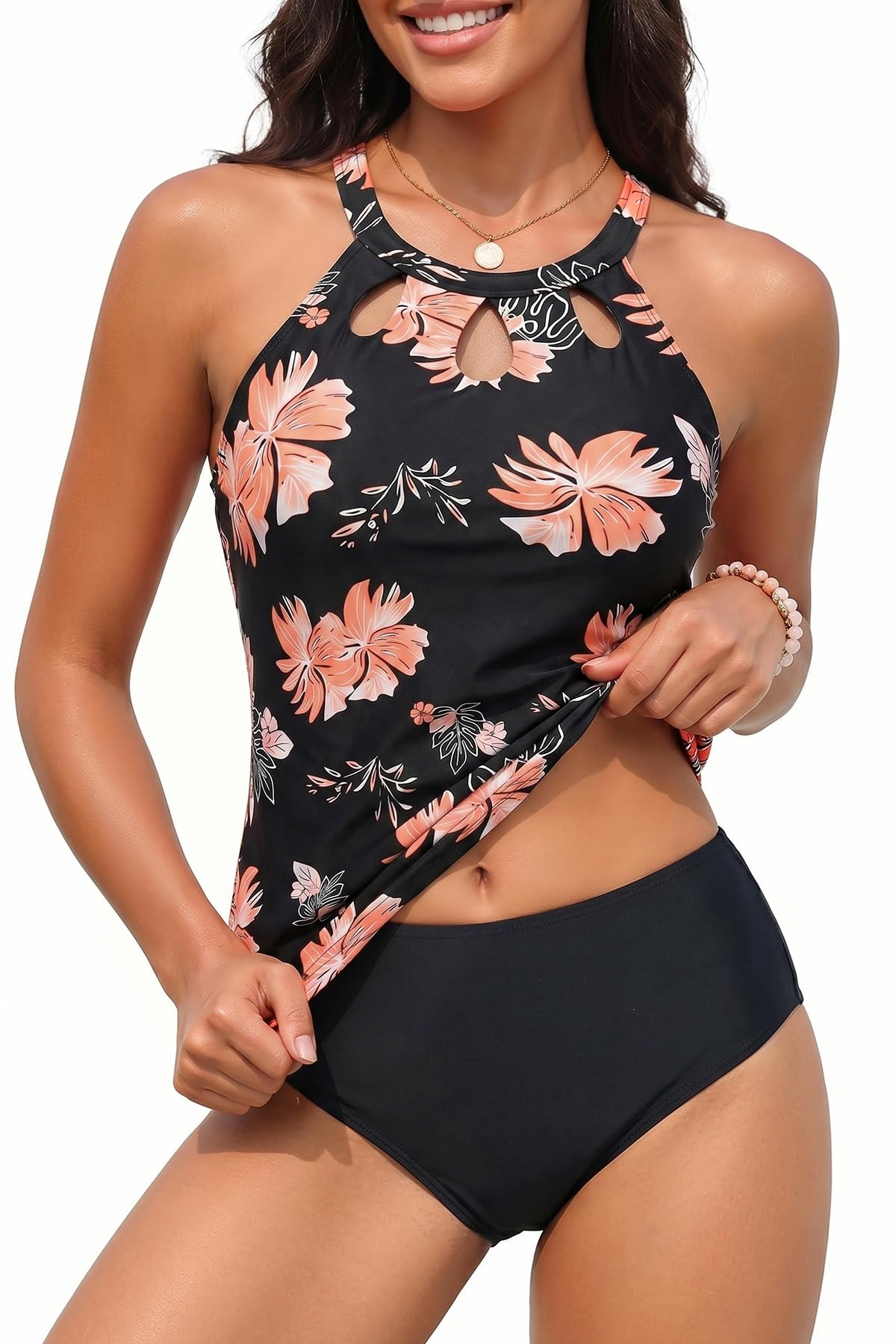 High Neck Tankini Swimsuits for Women Halter Bathing Suits Two Piece Floral Print Swimwear Black L-image-19