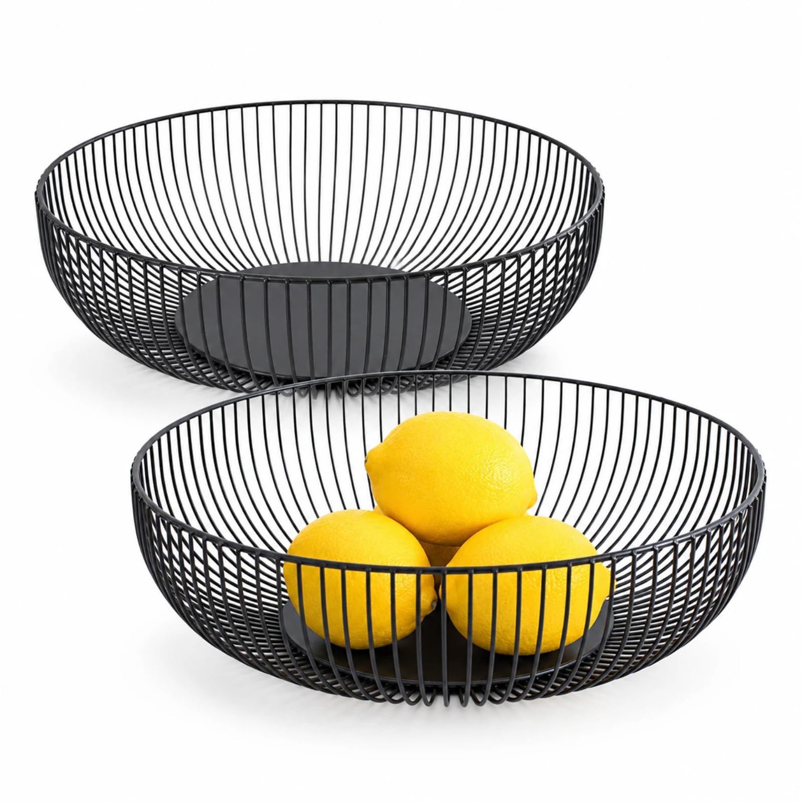 Confezione da 2 ciotole per frutta in filo metallico da 28 cm, cestino per frutta in metallo nero per bancone della cucina, ciotola rotonda per pane e frutta, centrotavola decorativo moderno