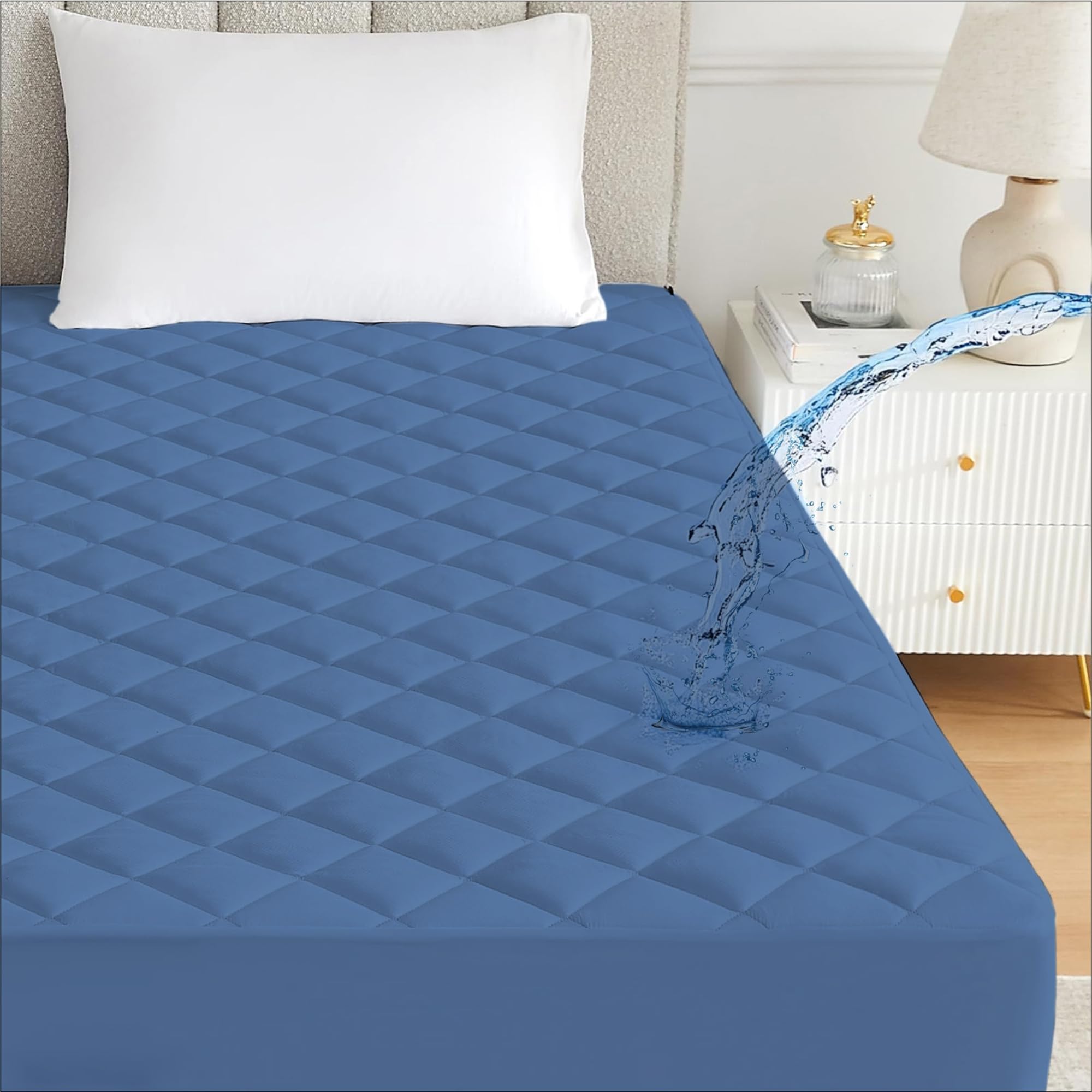Ayka 100% Waterproof Cotton Quilted Mattress Protector Queen Size Breathable Hypoallergenic Noiseless Ultra Soft Fitted Bed Protector 78x60 inch Mattress/Bed Cover (Med Blue, Queen (78 * 60”))