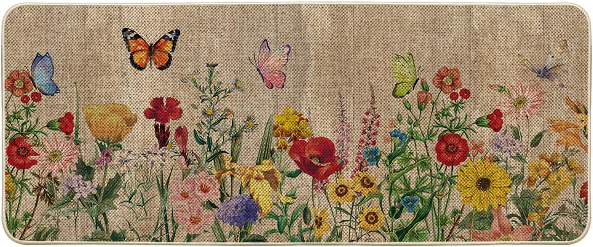 Artoid Mode Wood Flowers Butterfly Spring Runner Rug, Home Summer Decor Low-Profile Door Mat Floor Mat for Indoor Outdoor 24x59 Inch