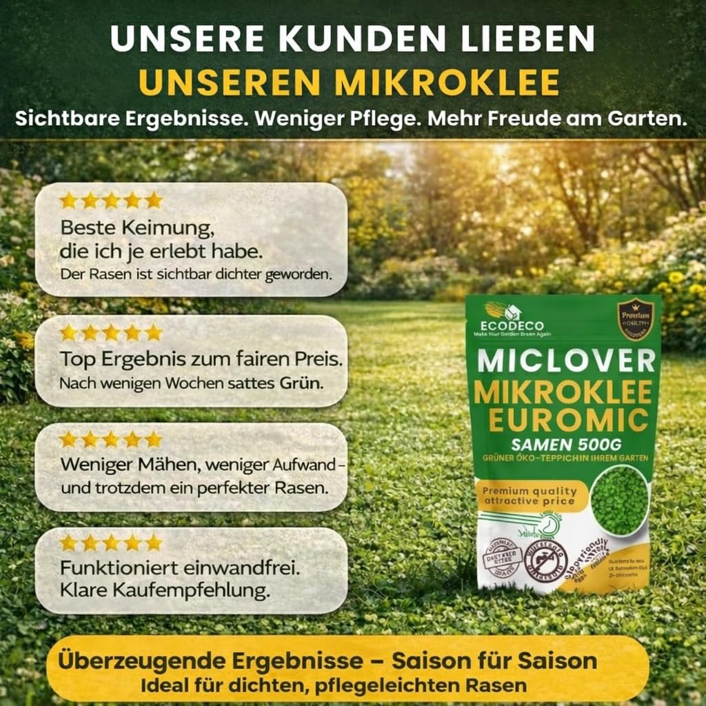 ECODECO Nasiona mikrokoniczyny 500 g - nasiona białej koniczyny - nasiona koniczyny - koniczyna karłowata do równomiernej i zielonej trawy - mikrokoniczyna do nasion trawy - 400 m² z trawą lub 200 m²