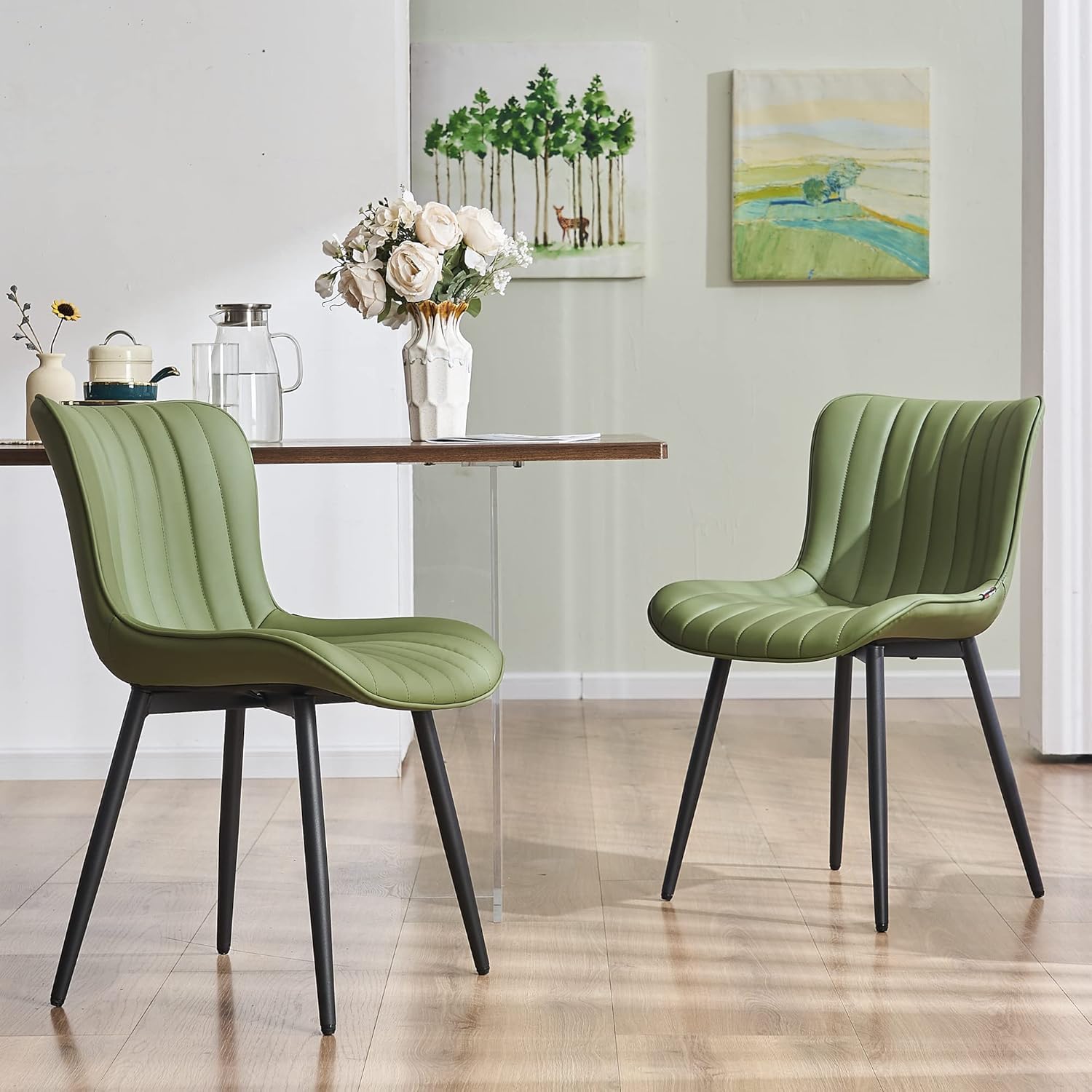 Duffy Dining Chairs Set of 2 Faux Leather Modern Padded Seat with Metal Legs, Comfortable and Durable Kitchen, Office, or Cafe Seating – Easy Assembly (Green)