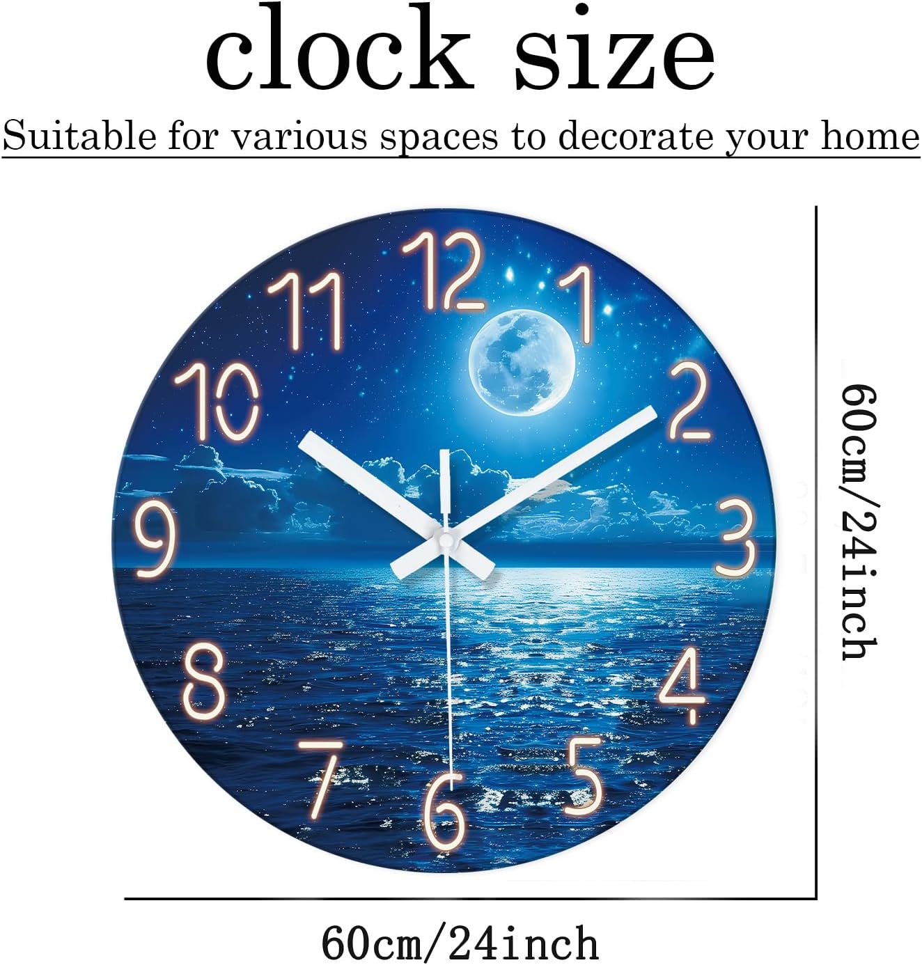 XFM Large Wall Clock Battery Operated 24 Inch Silent Glass Analog Clocks Blue Moon Ocean Round Clocks Decorative for Living Room Kitchen Bedroom Decor