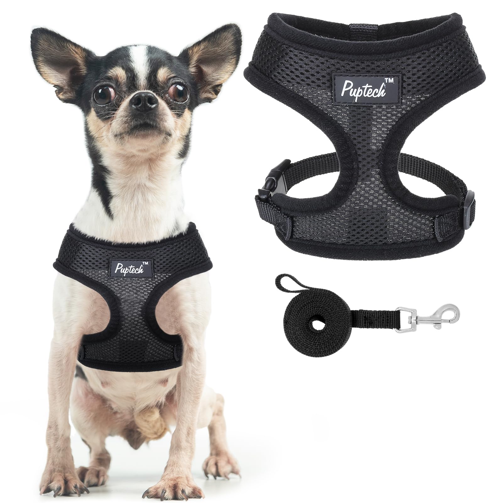 PUPTECK Soft Mesh Dog Harness and Leash Set Pet Puppy Cat Comfort Padded Vest No Pull Harnesses, Solid Black, XS