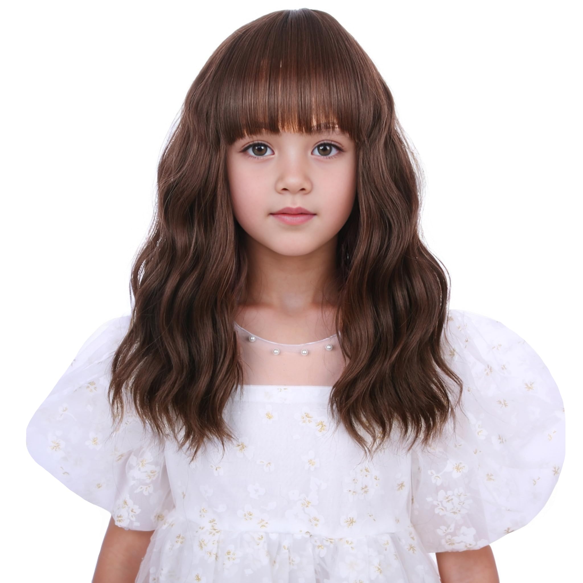 Mixed Brown Wig for Child Short Chocolate Brown Wig with Air Bangs for Girls Short Brown Wavy Curly Wig for Kids Heat Resistant Synthetic Wig with Wig Cap…