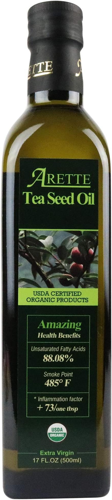 Arette Organic Tea Seed Oil (USDA Certified) Extra Virgin, No Flavor, Extra Light, Cold Pressed 17 Ounces (500 Milliliter)