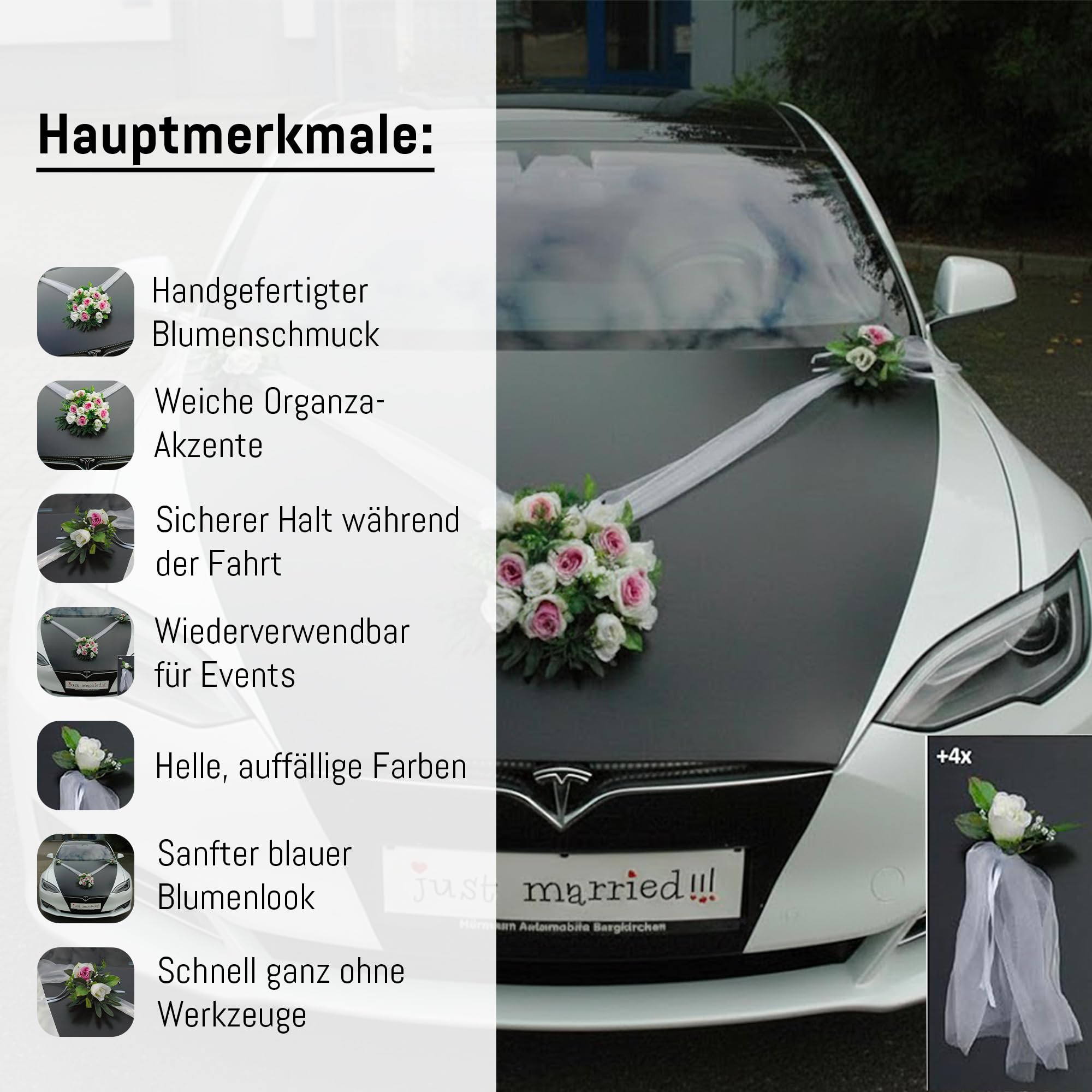 Autoschmuck – Décorations de voiture de mariage – Réalisées à partir de roses et de dentelle