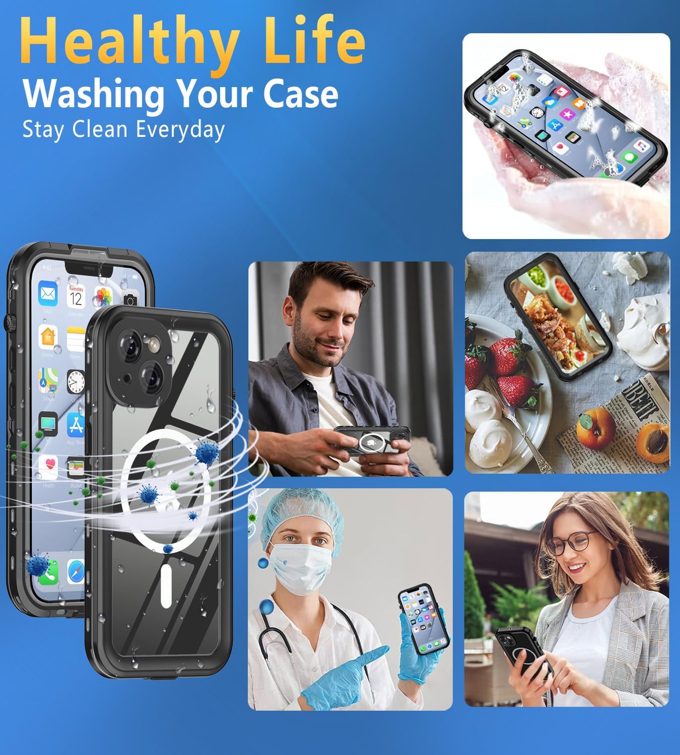 Design for iPhone 14 Case Waterproof 6.1'', Full Body Underwater Dustproof Shockproof Case Built-in Screen Protector - Black