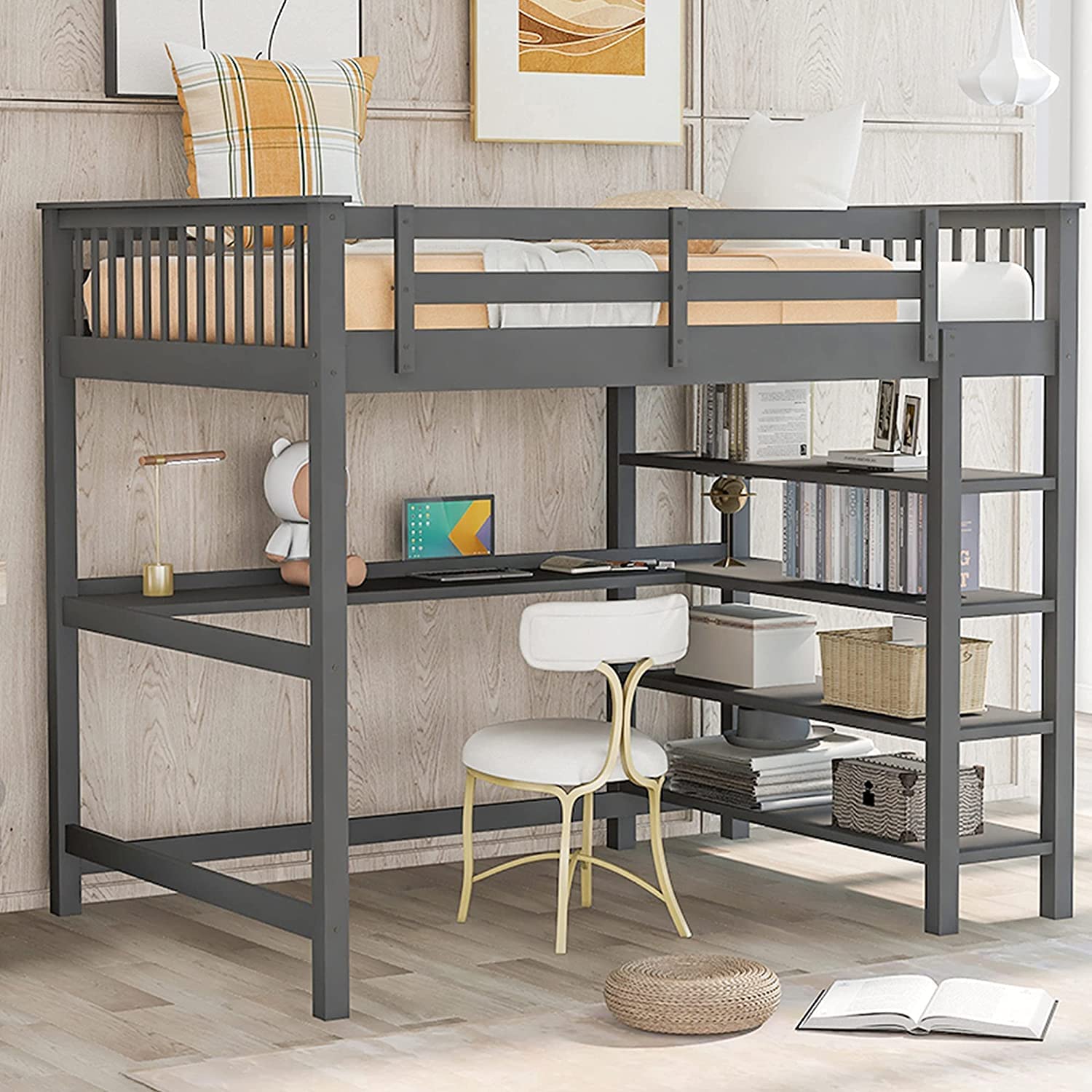 Buy Full Size Loft Bed with Desk, Virabit Loft Bed with Desk Underneath, Solid Wood Frame Full