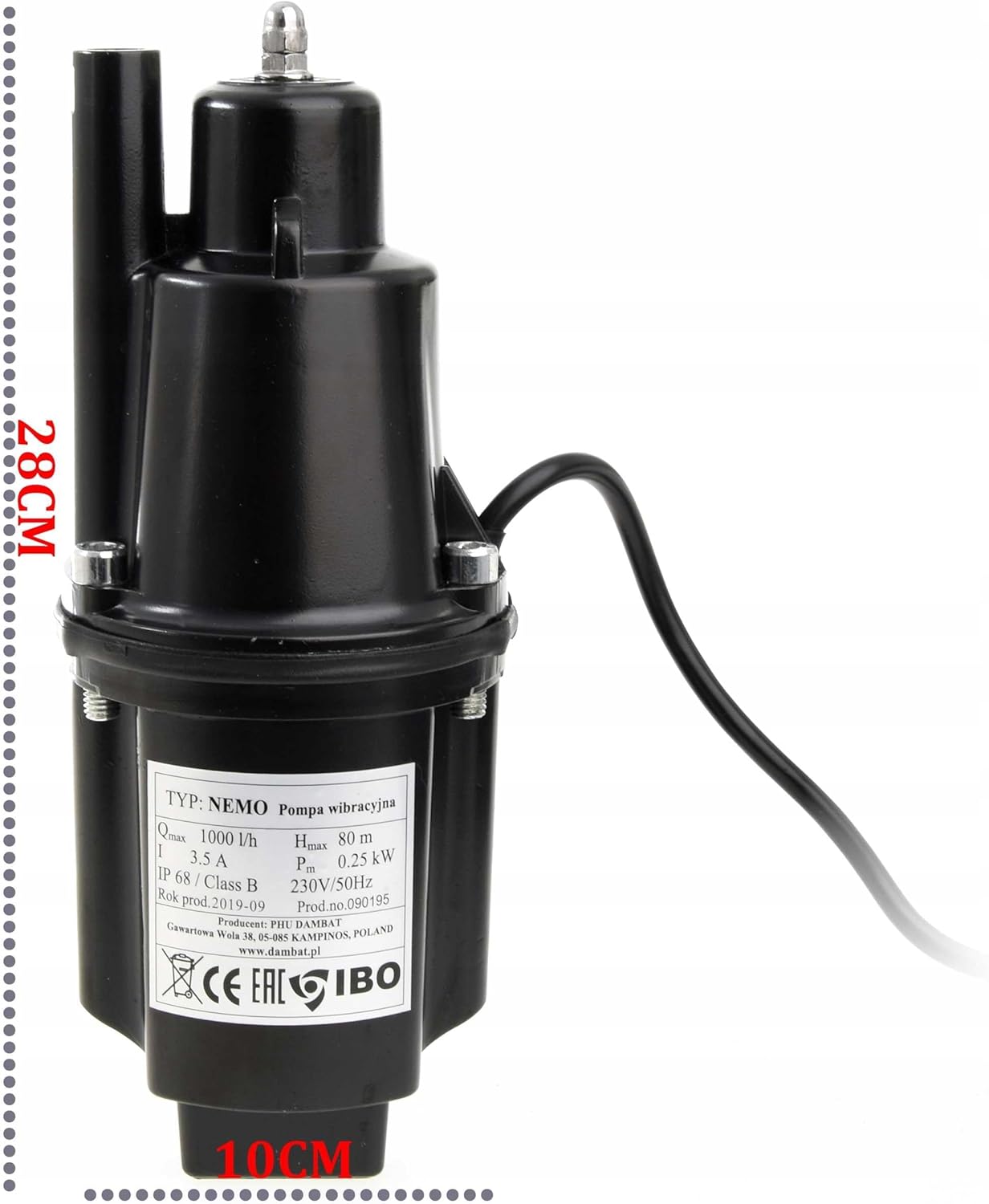 Technical label on IBO Nemo pump showing specifications and dimensions