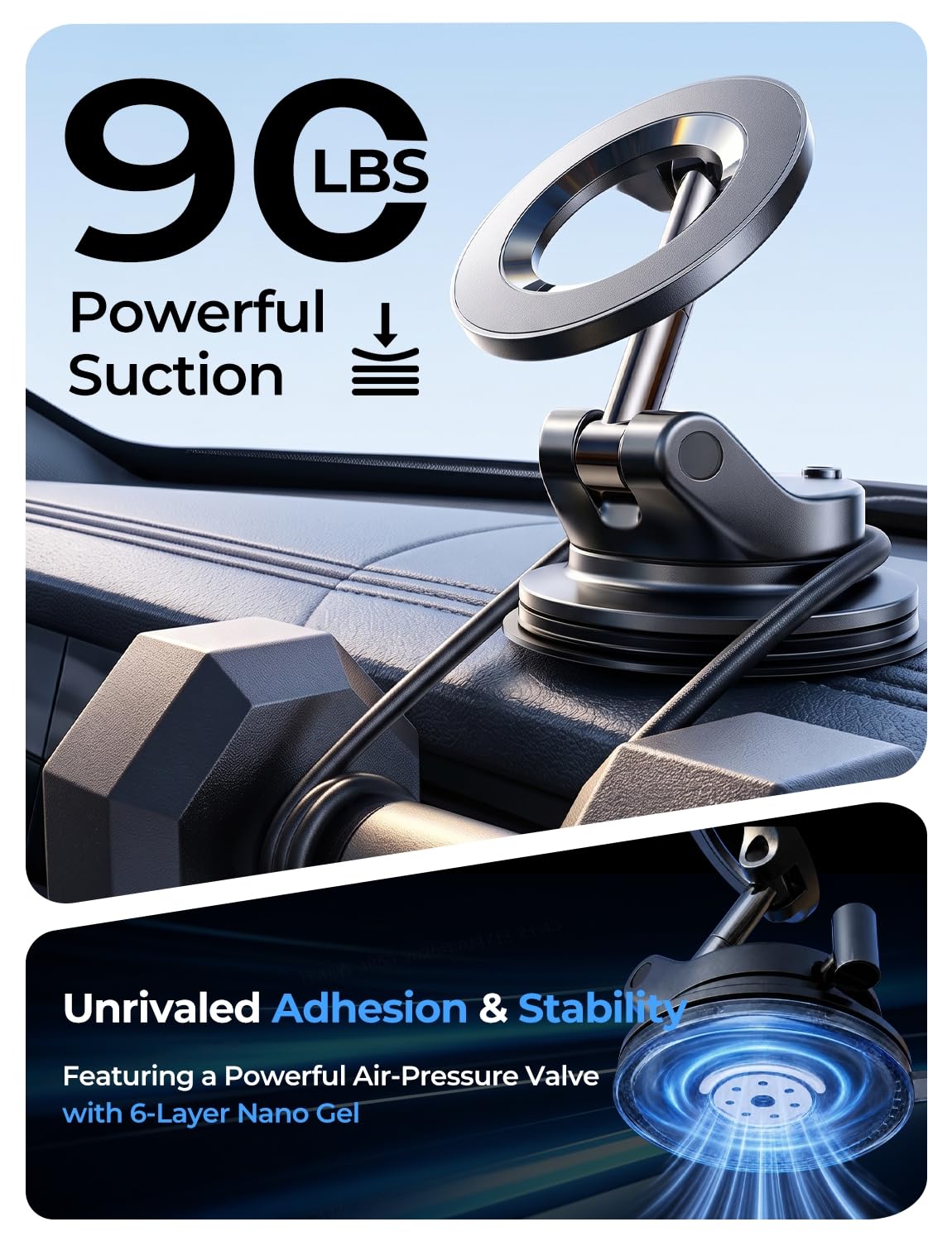 LISEN for MagSafe Car Mount [3800gf Strong Magnet&90+LBS Suction] 360° Adjustable Vacuum Magnetic Phone Holders for Your Car view 3