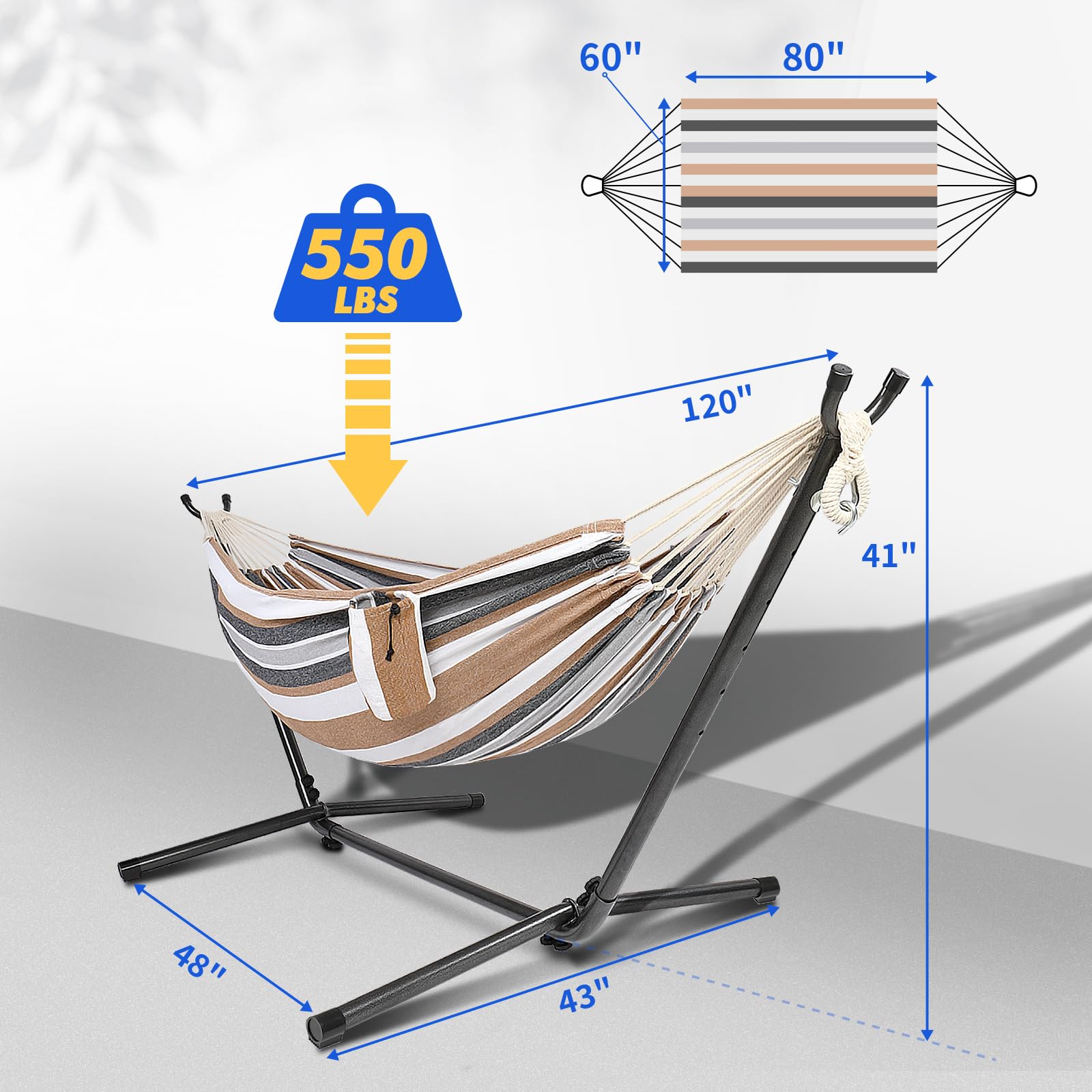 Bonnlo Hängematte Outdoor,Hängematte Gestell mit ca.204 kg Tragfähigkeit,Inklusive Tragetasche,Perfekt für Indoor-Außenterrasse & Terrasse & Hof und Balkon,Höhenverstellbar (Kaffee-Strichmuster)