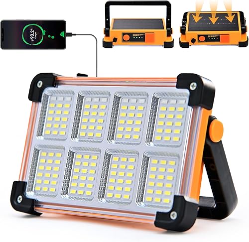Luz de trabajo solar recargable portátil  Linterna impermeable IP66 para sitio de trabajo con soporte, 144 LED 6600 mAh luz de inundación solar para