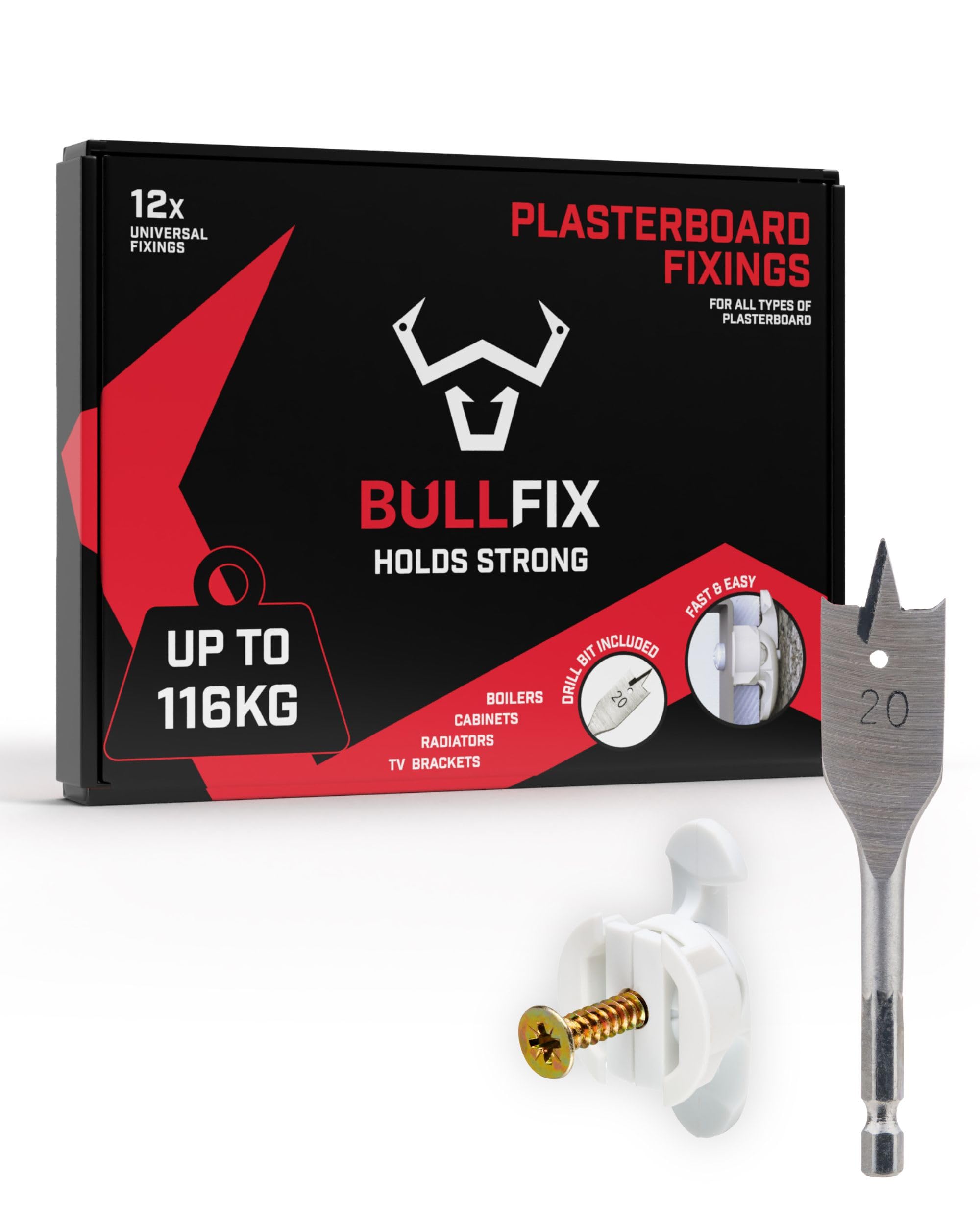 Universal Drywall Fixings - Holds up to 255lbs, Heavy Duty Wall Anchors for Drywall for Stud & Hollow Cavity with 13/16" Drill Bit, Heavy Duty Dry Wall Anchors - Starter 12 Pack