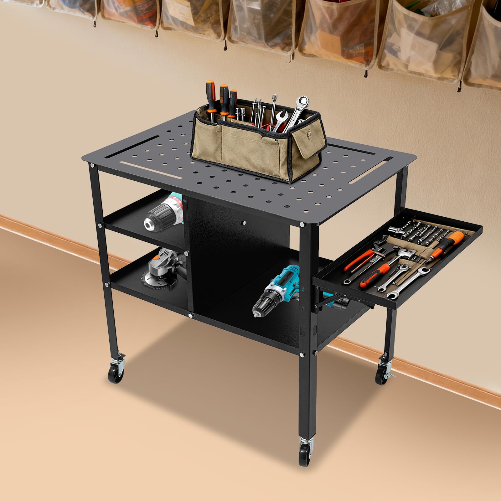 Mesa de soldadura móvil de acero, capacidad de carga de 500 kg, banco de trabajo con ruedas, mesa de trabajo con 4 ruedas, bandeja lateral plegable, placa perforada para taller, reparación de
