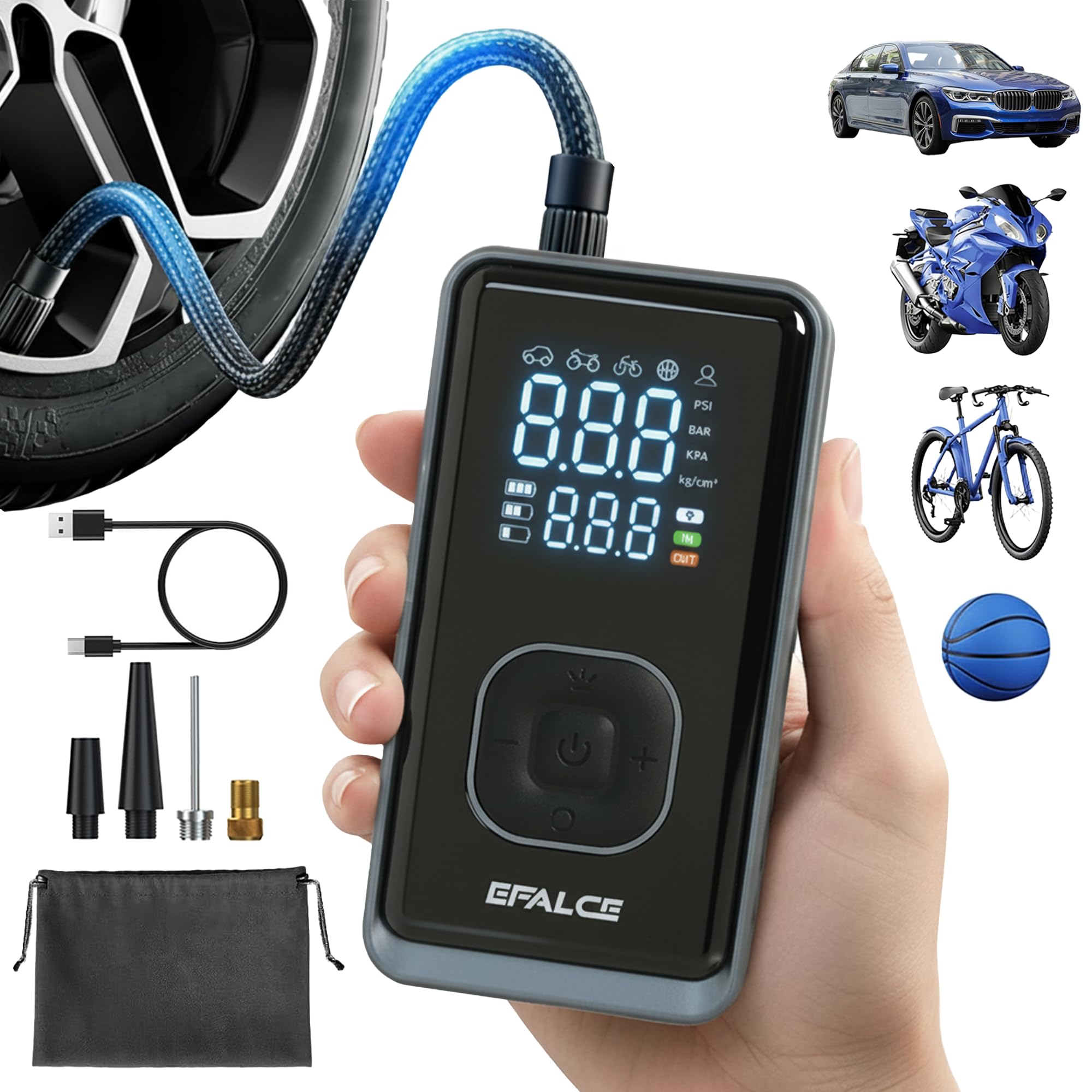 efalce Kabelloser Elektrischer Luftpumpe 150 PSI Akku Kompressor mit LED Licht, Auto Stop & Powerbank Funktion, Tragbare Fahrradpumpe & Reifenpumpe für Auto, E Bike, Motorrad & Bälle