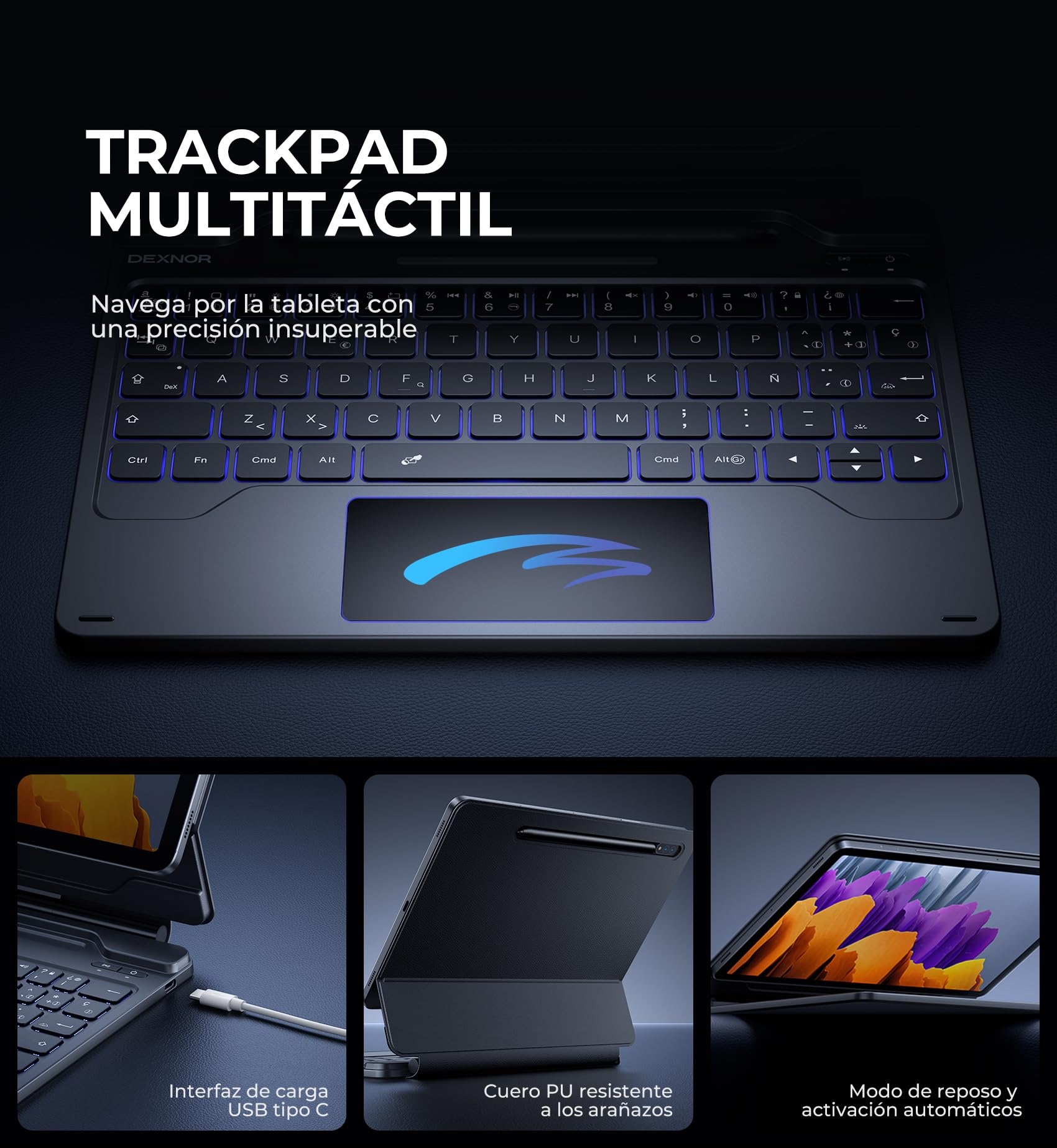 Dexnor Funda con Teclado Español Ñ para Samsung Galaxy Tab S8 2022/S7 2020 11" Diseño Magnética Flotante con Trackpad Retroiluminado Teclado Bluetooth Keyboard Cover Inalámbrico, Negro