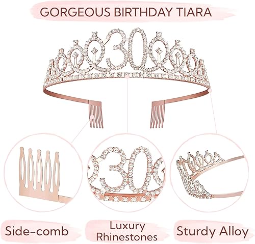 Miniatura 2 de Bella Meri Regalos de cumpleaños número 30 para mujer, corona de tiara, banda, adornos para tartas, velas - 30 decoraciones
