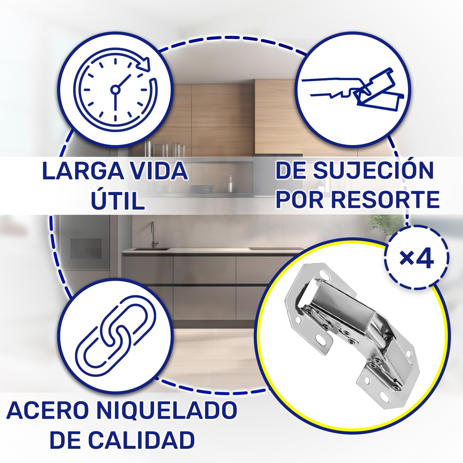 4 Piezas Bisagras Puertas Cocina con Ángulo Apertura 90° - Bisagras Muebles Cocina con Muelle Presión está Fabricada en Acero Niquelado – Garantía de 10 Años - MONTERAL