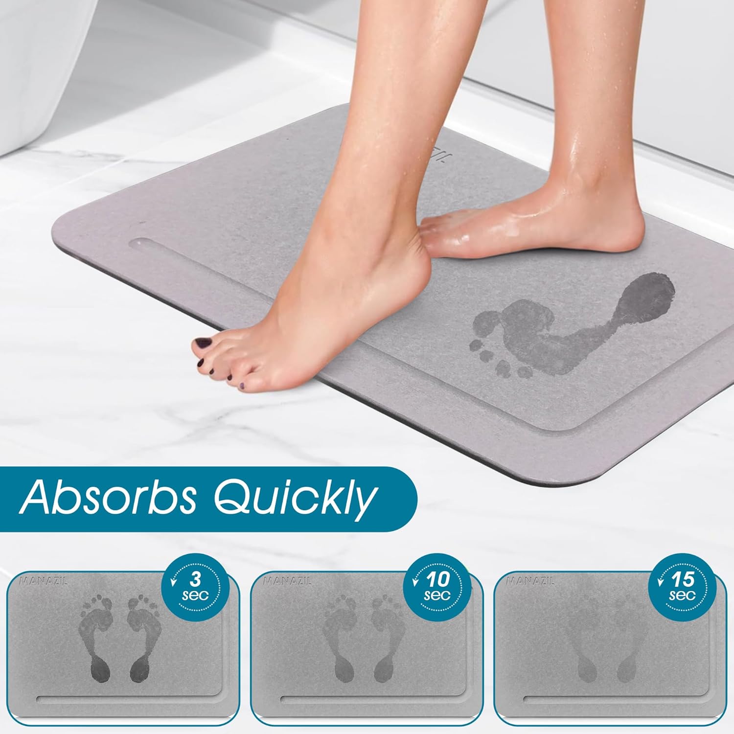 Stone Bath Mat – Diatomaceous Earth Shower Mat 24"x16", Non-Slip, Super Absorbent, Quick-Drying, Easy to Clean, Diatomite Bathroom Floor Mat (Grey)