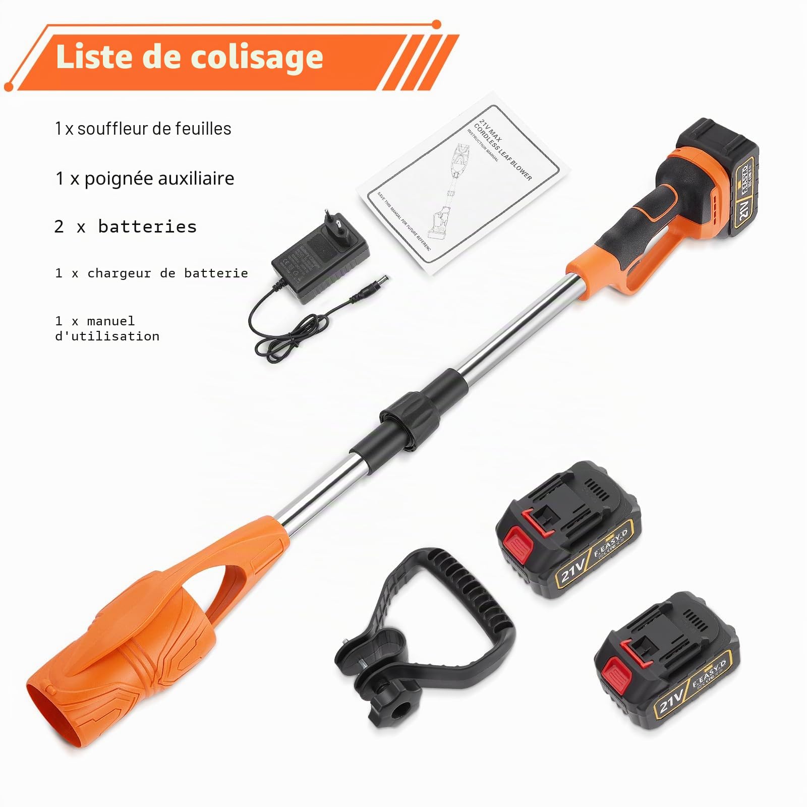 Souffleur de Feuilles sans Fil 21V,Souffleur à Batterie 3,0 Ah,Vitesse de soufflage jusqu'à 240 km/h,Régime 29.000 TRS/Min, pour Jardins Allées Terrasses,Feuilles Mortes, la Saleté, la Neige